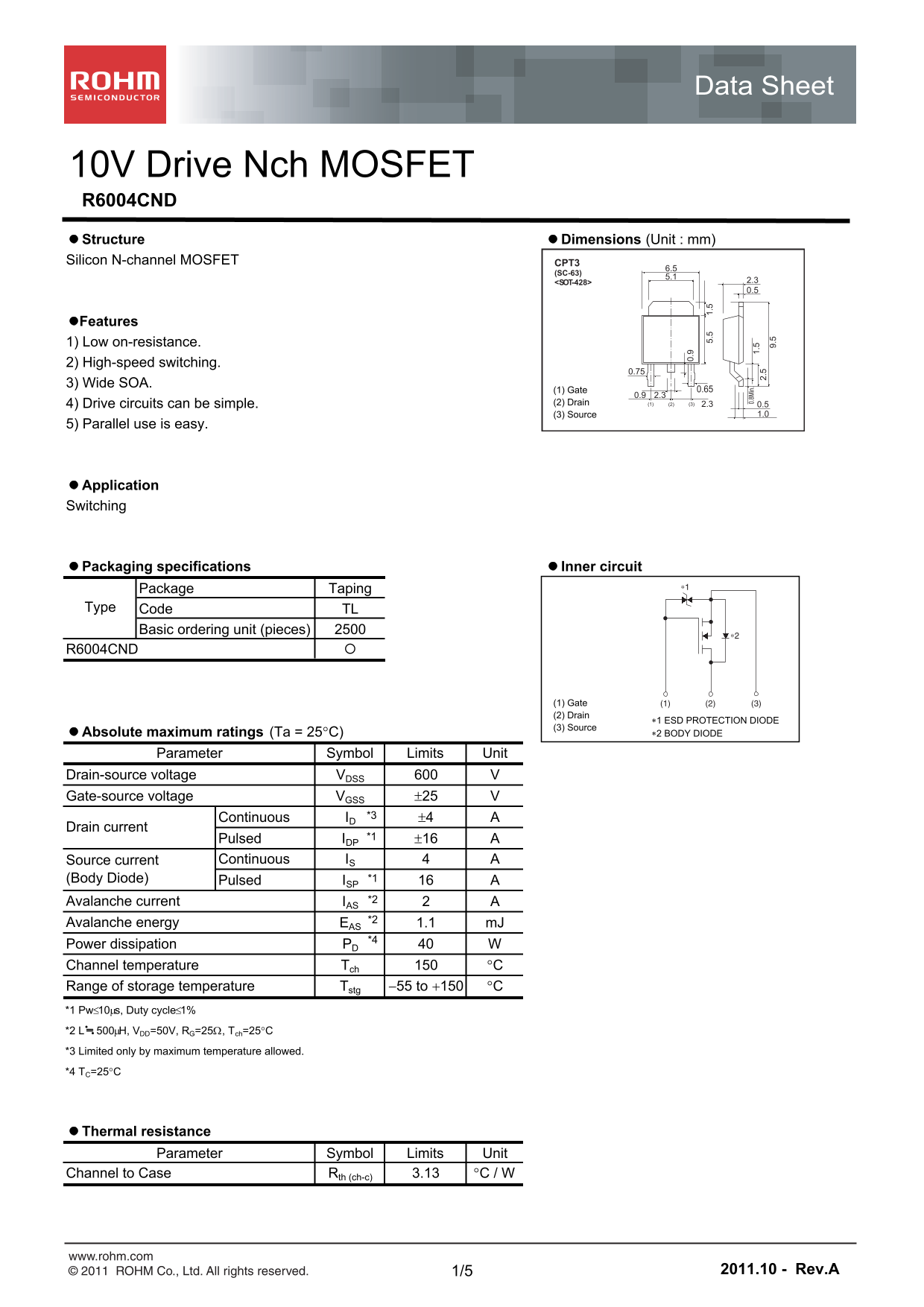 ROHM R6004CND Data Sheet - Page 1