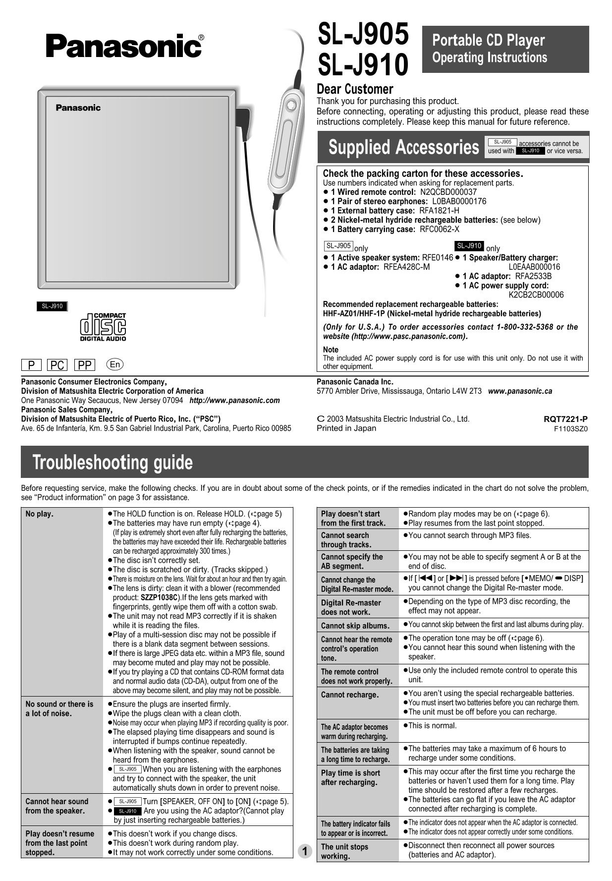 Panasonic SL-J905 J910 Operating Instructions - Page 1
