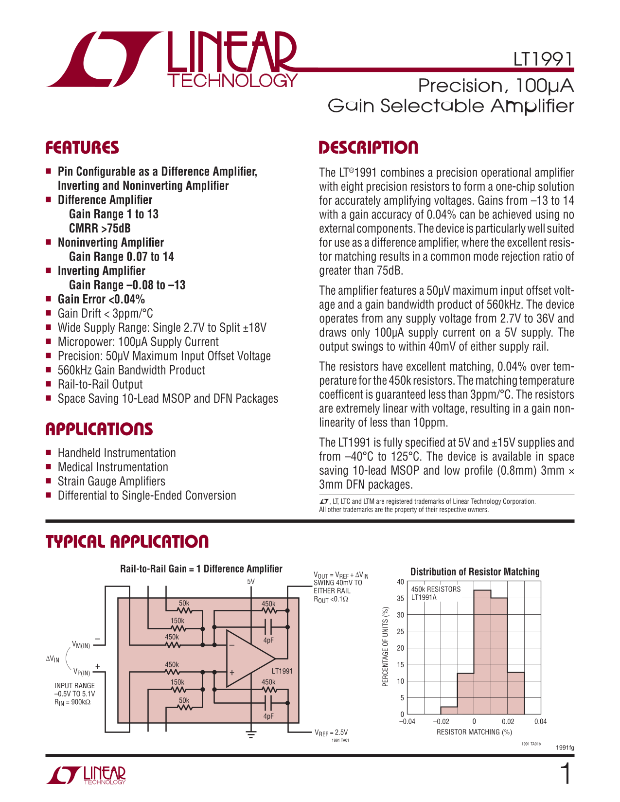 LINEAR TECHNOLOGY LT1991 High Precision, Selectable Gain Amplifier Data Sheet Owner's Manual - Page 1