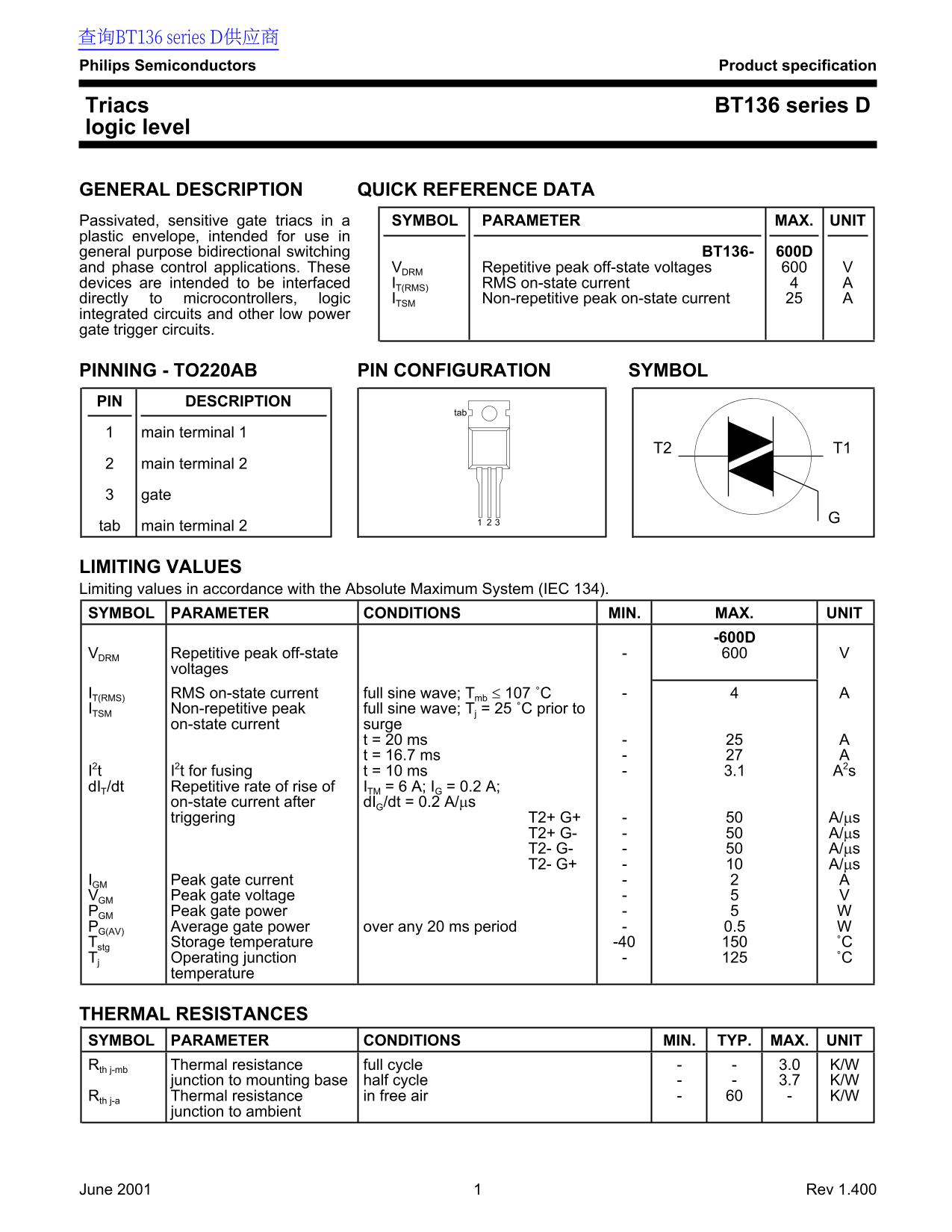 Philips Semiconductors BT136 Series Data Handbook - Page 1