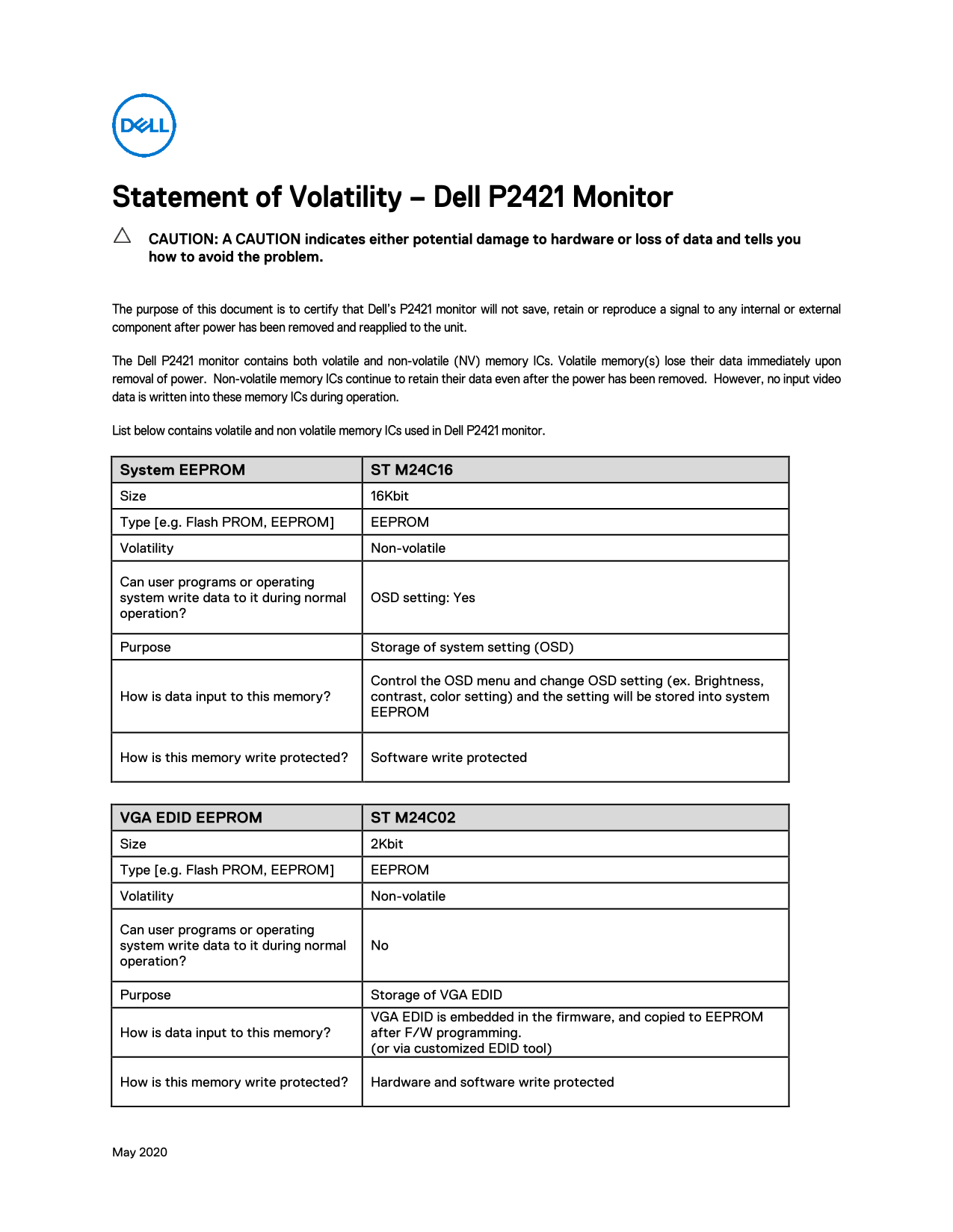 Dell P2421 Statement of Volatility - Page 1