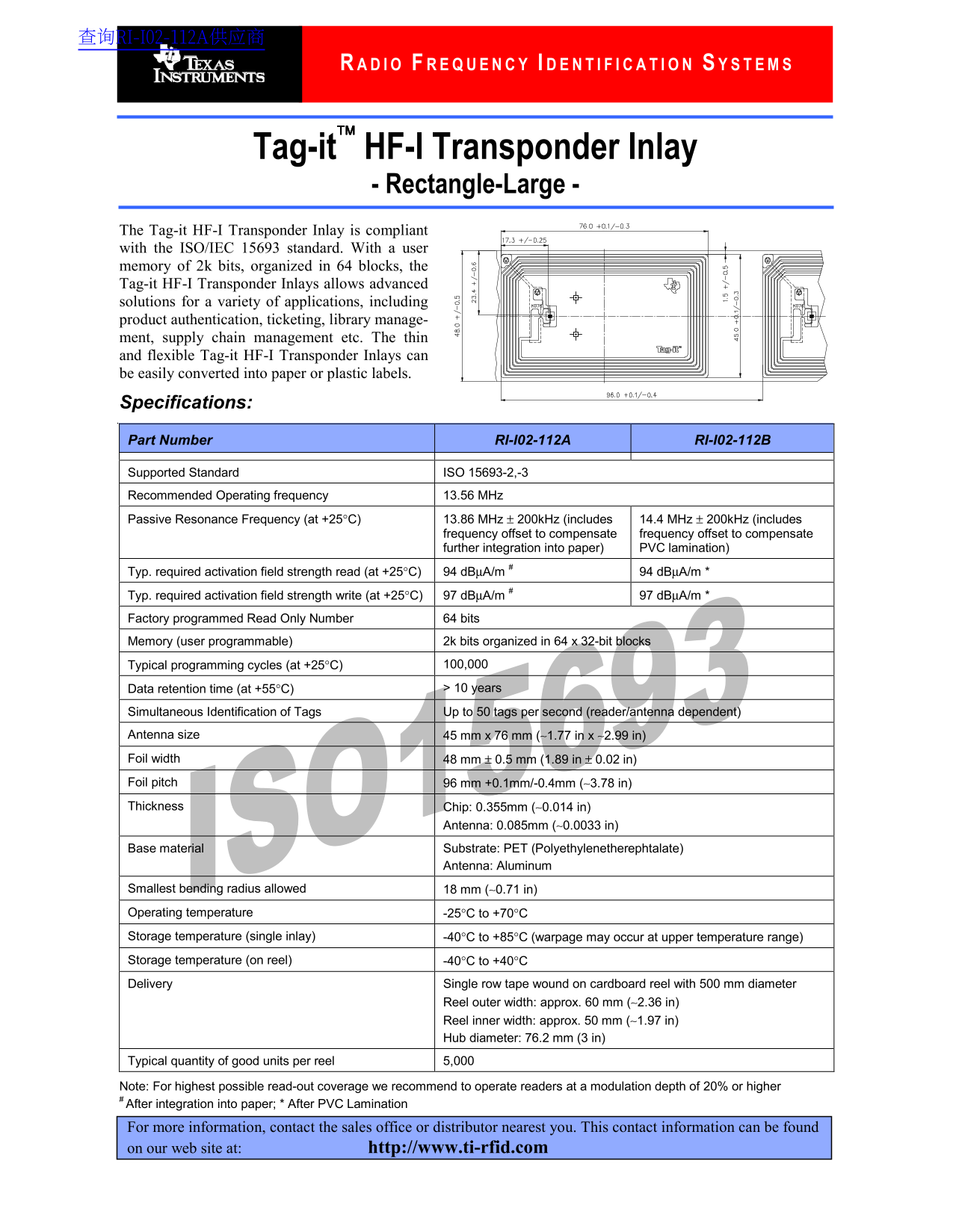 Texas Instruments Tag-It HF-I Transponder Inlay User Guide - Page 1