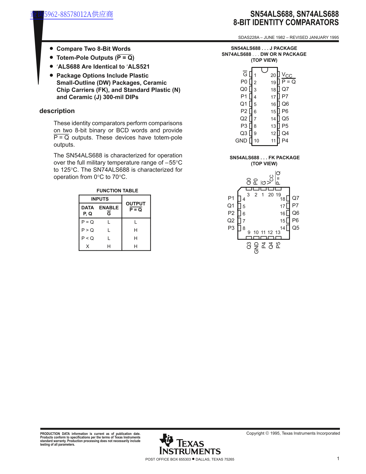 Texas Instruments SN54ALS688, SN74ALS688 8-Bit Identity Comparators Data Sheet Manual - Page 1