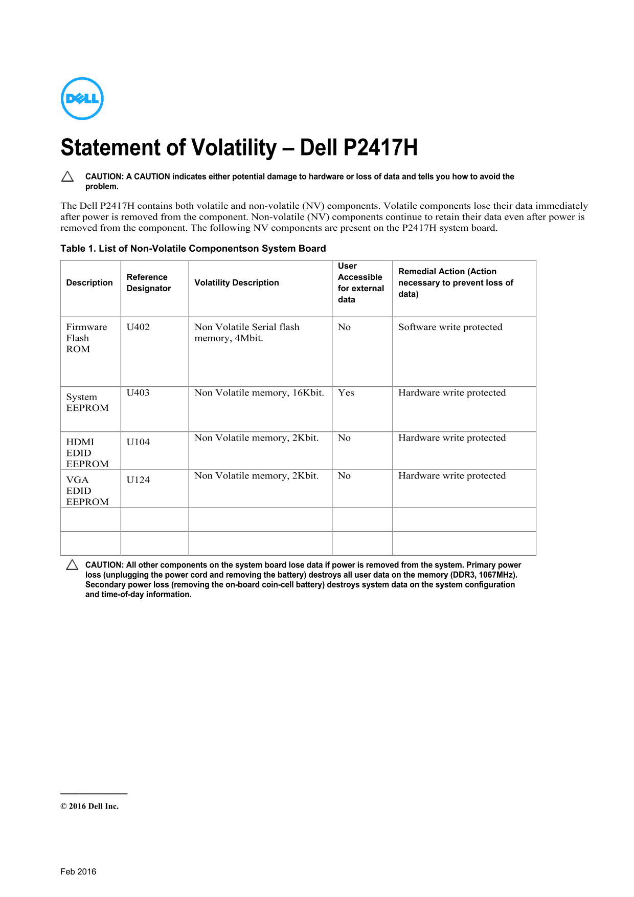 Statement of Volatility - Dell P2417H Monitor Owner's Manual - Page 1