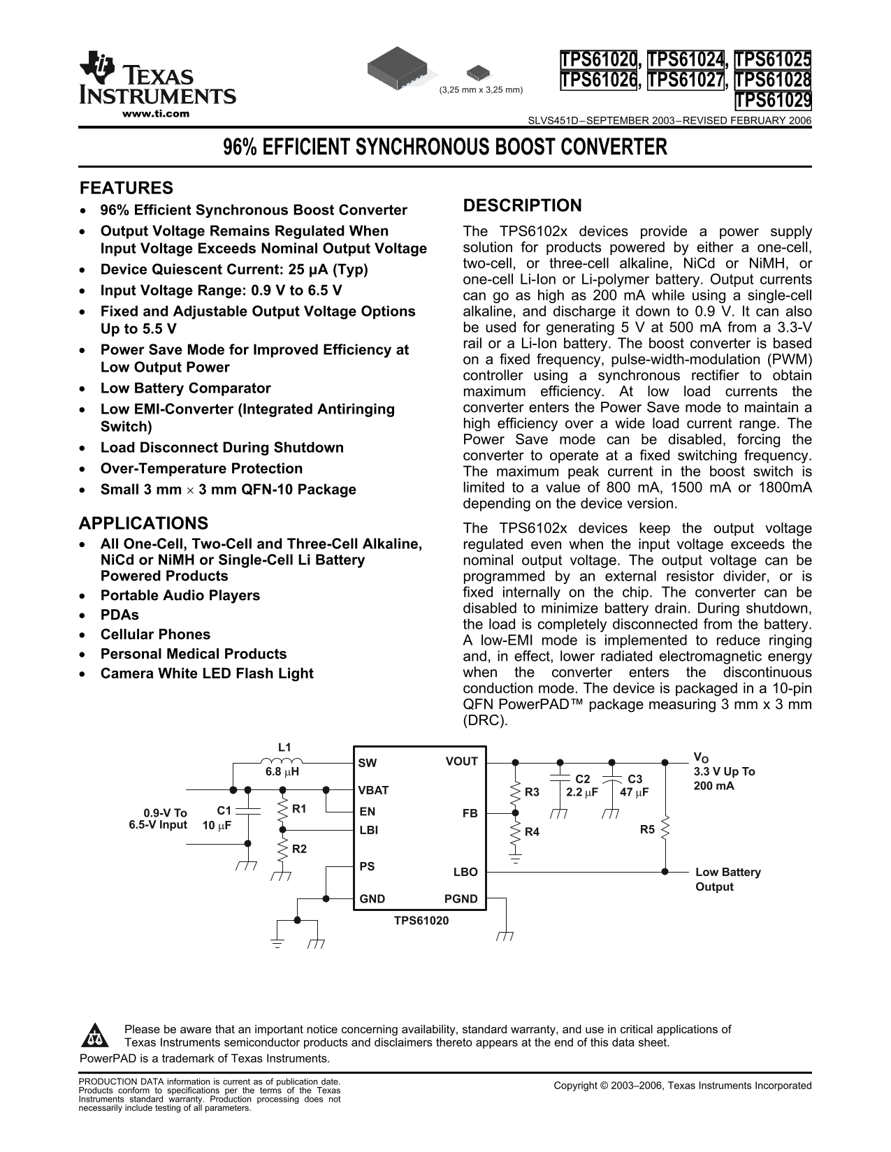 Texas Instruments TPS61020, TPS61024, TPS61025 Data Sheet - Page 1