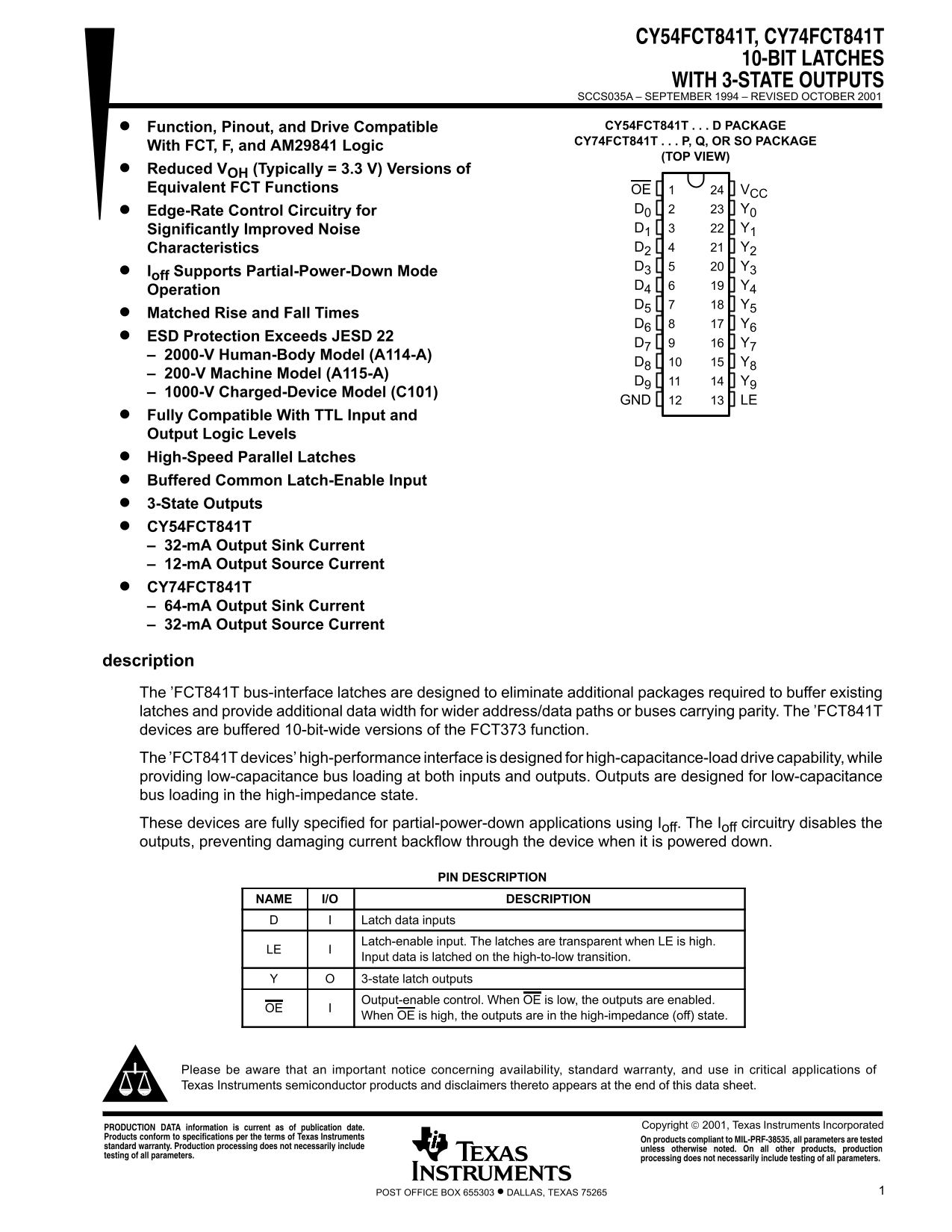 Texas Instruments CY54FCT841T, CY74FCT841T 10-Bit Latches with 3-State Outputs Data Sheet - Page 1