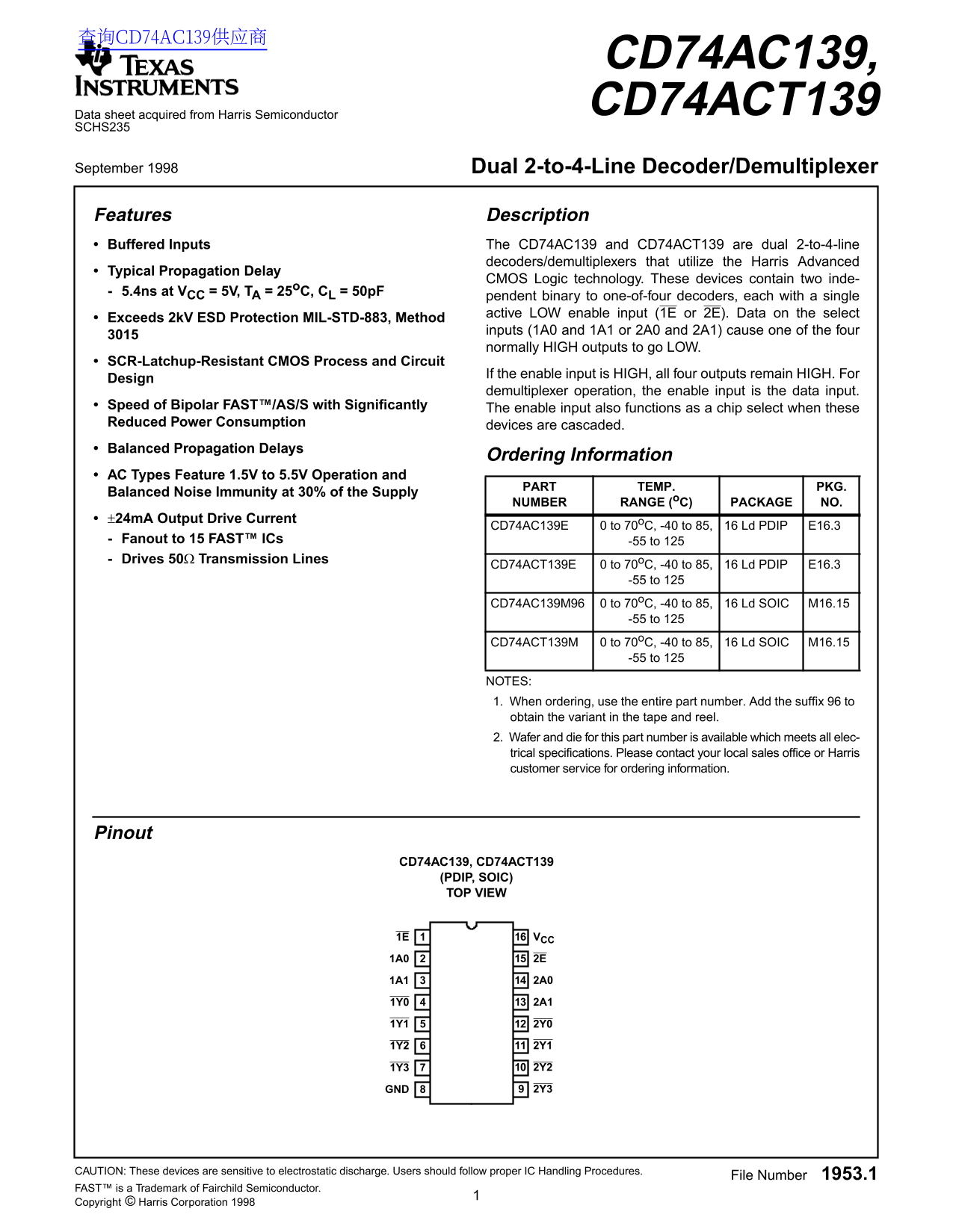 Texas Instruments CD74AC139 CD74ACT139 User's Manual and Specifications - Page 1