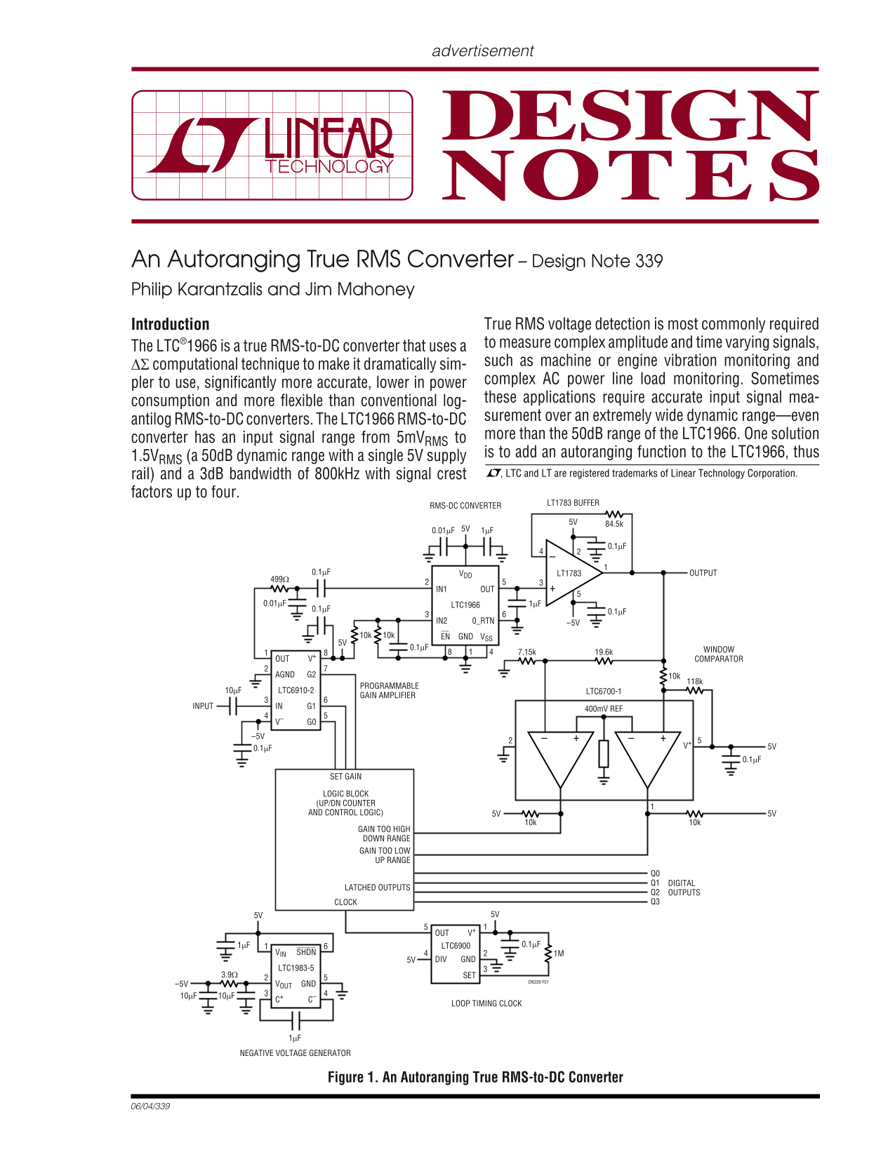 LINEAR True RMS Converter – Autoranging Design Note 339 by Philip Karantzalis and Jim Mahoney - Page 1