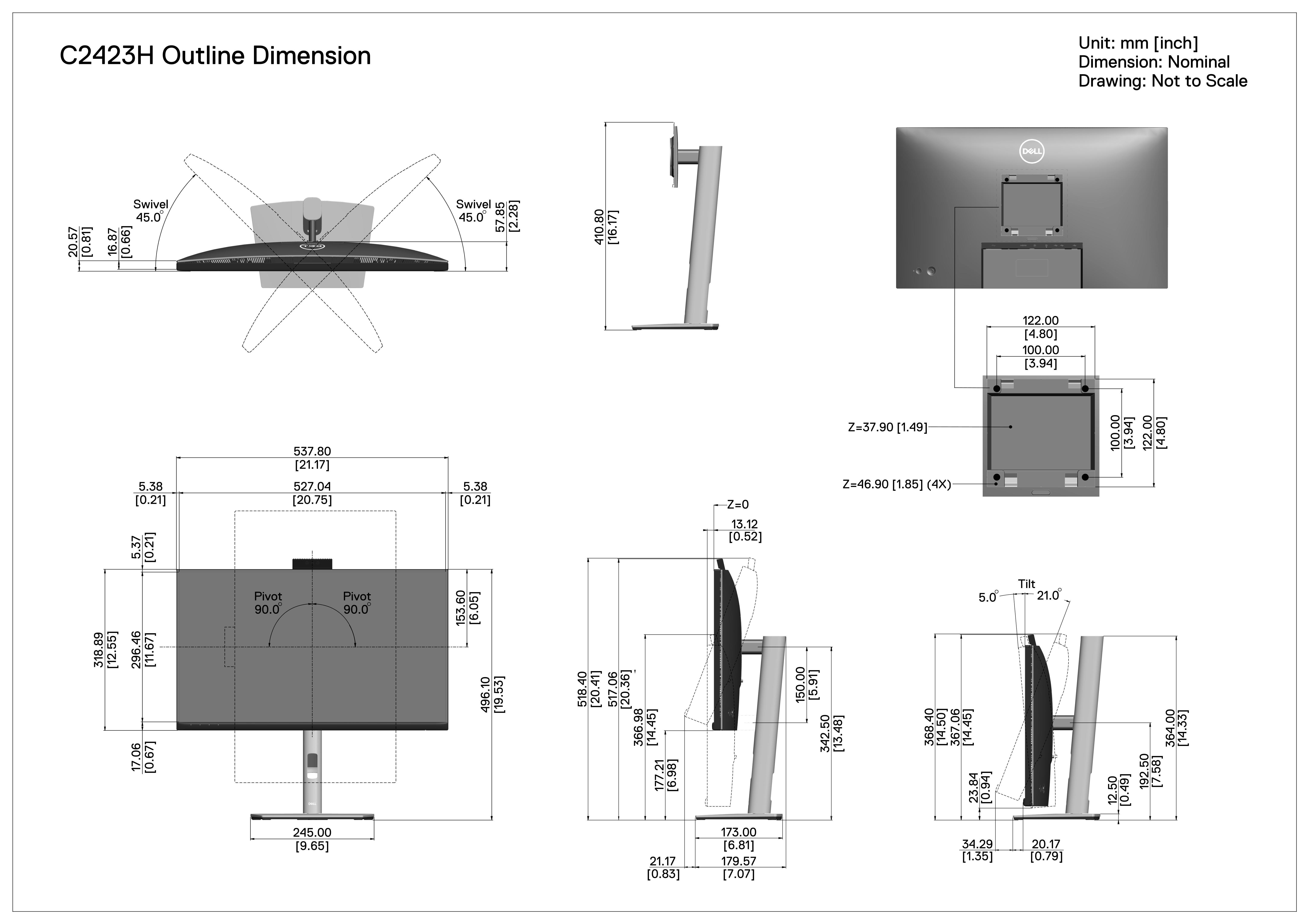 Dell C2423H Monitor Outline Dimensions - Owner's Manual - Page 1