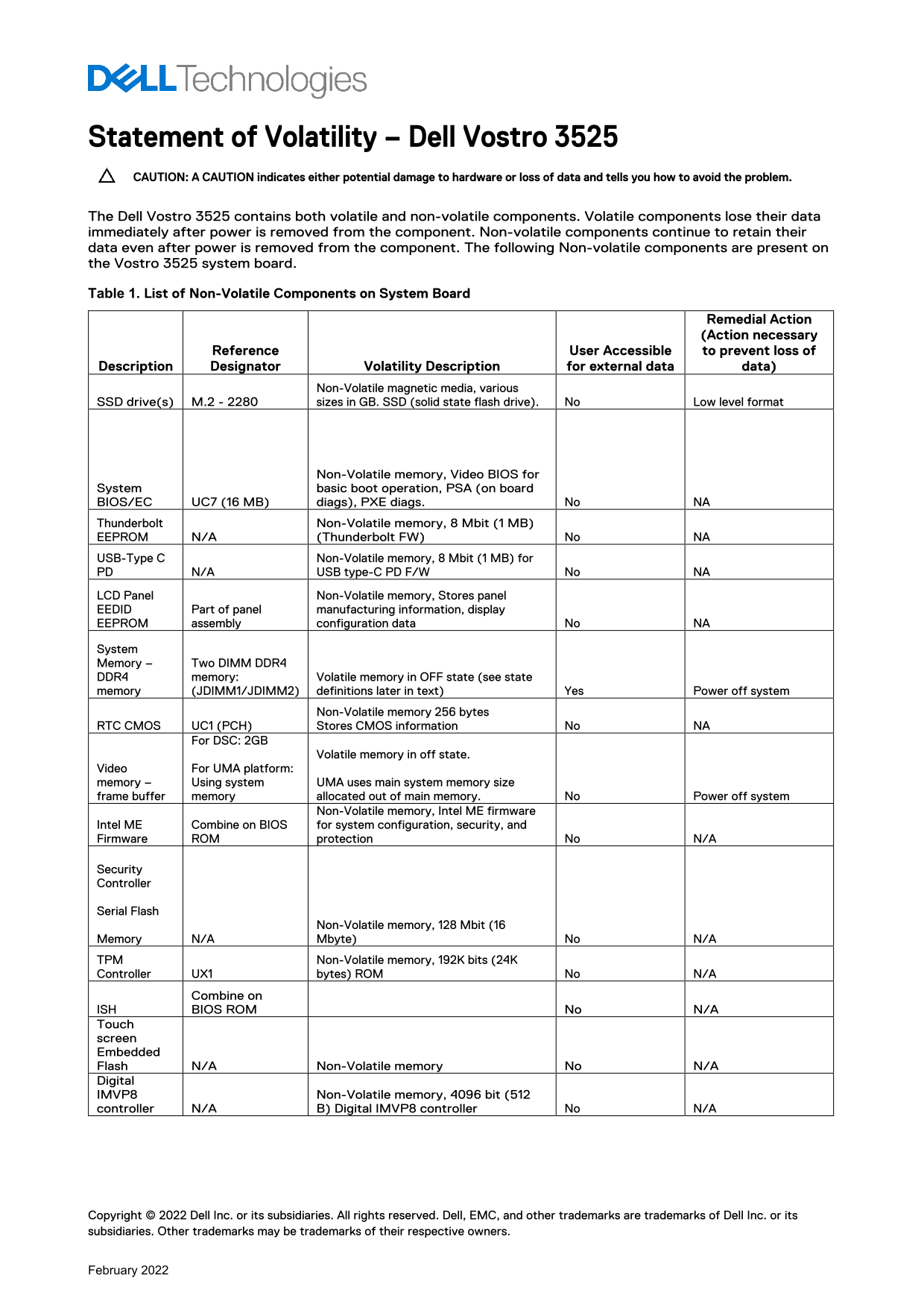 Dell Vostro 3525 Statement of Volatility - Page 1
