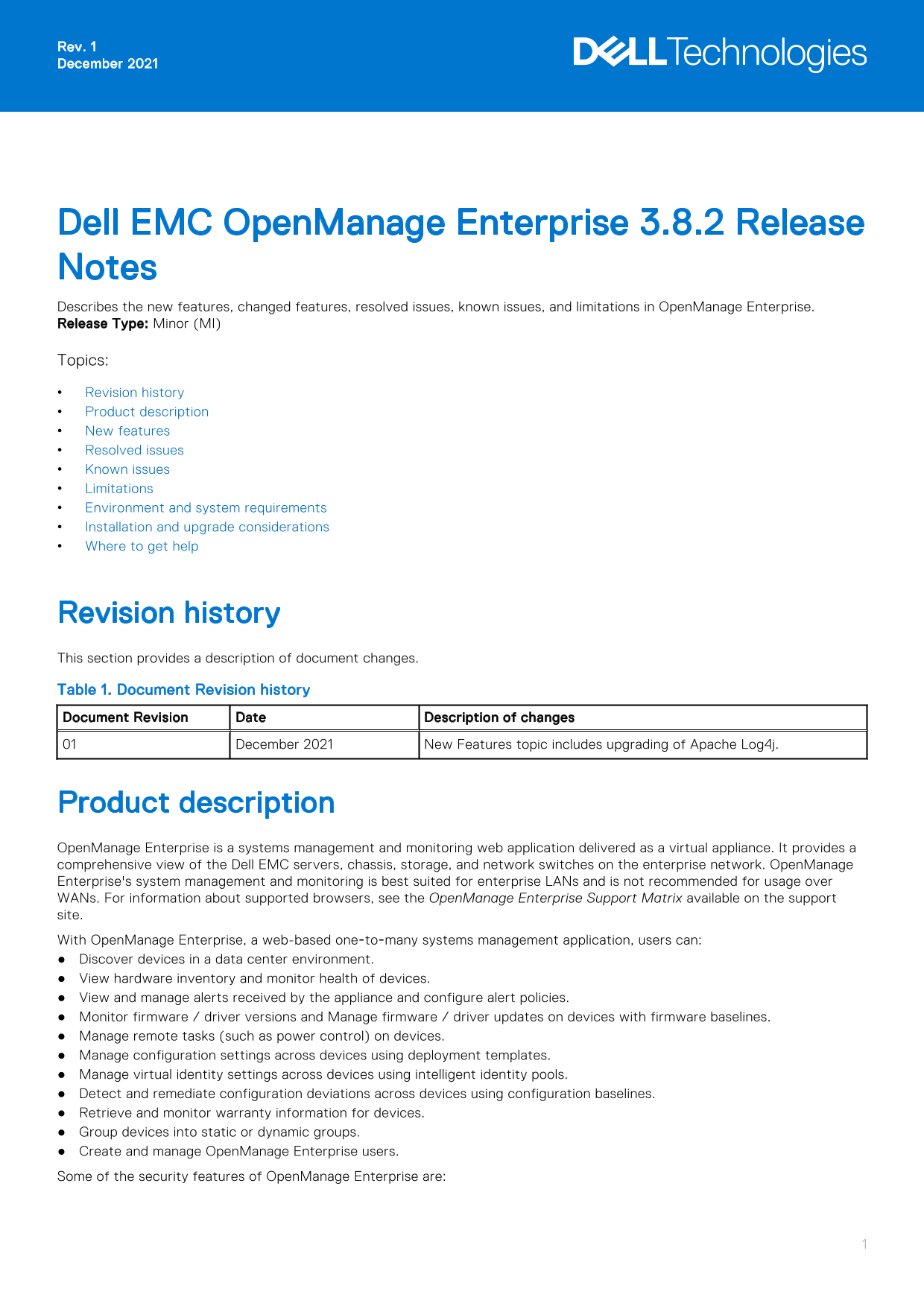 Dell EMC OpenManage Enterprise 3.8.2 Release Notes - Page 1