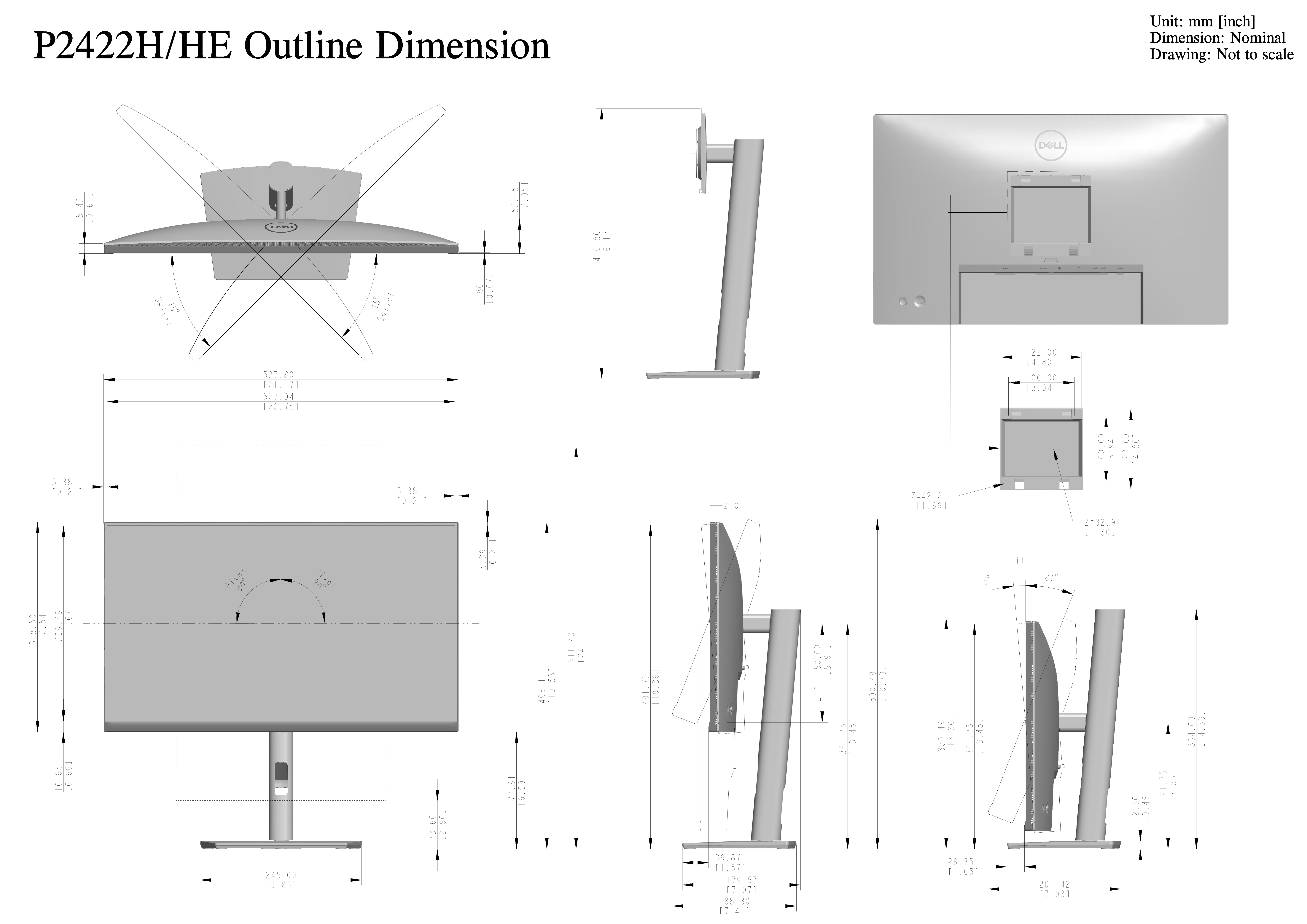Dell P2422HE Outline Dimension Guide - Page 1