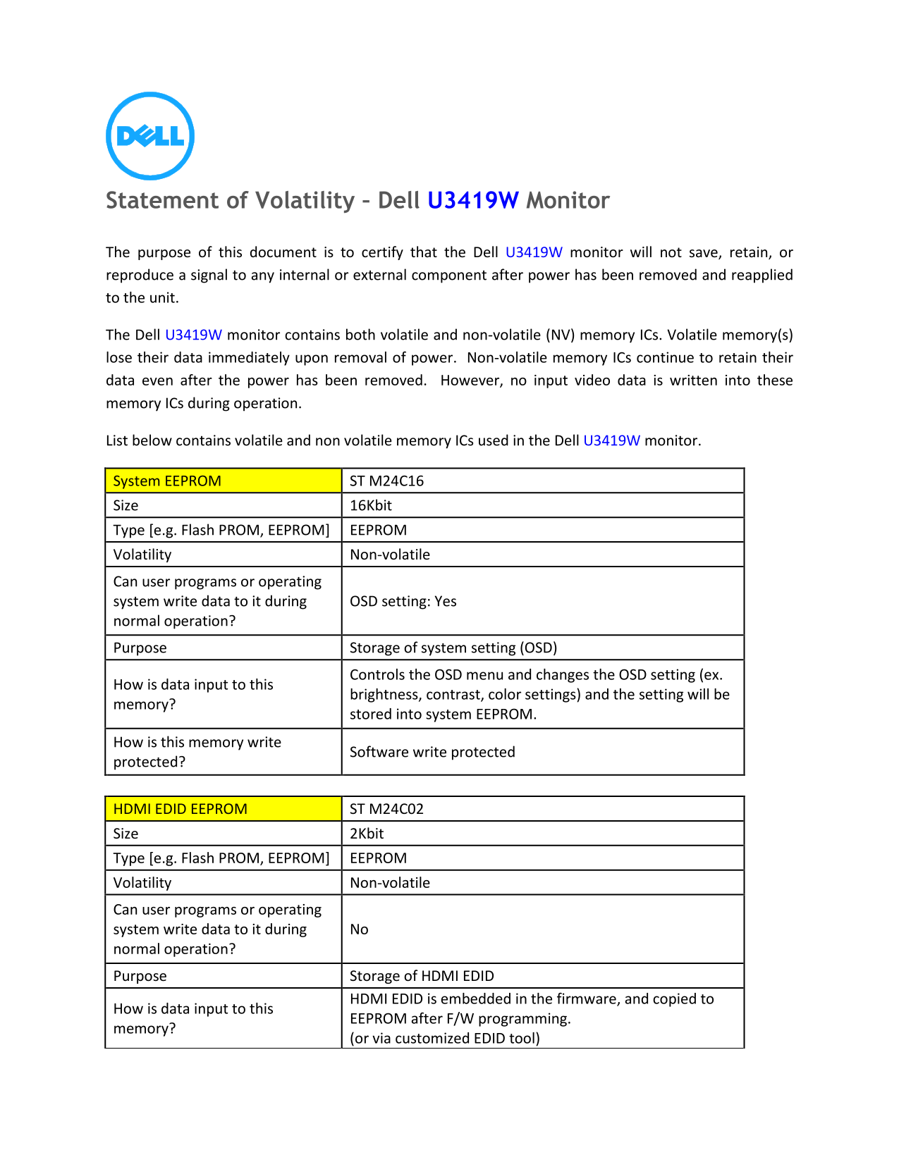 Dell U3419W Statement of Volatility - Page 1