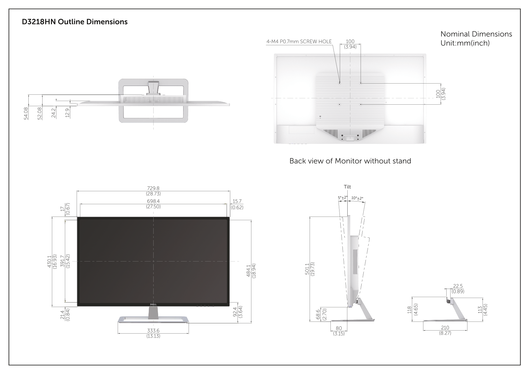 Dell D3218HN Monitor - Outline Dimensions Specification Guide User Manual - Page 1