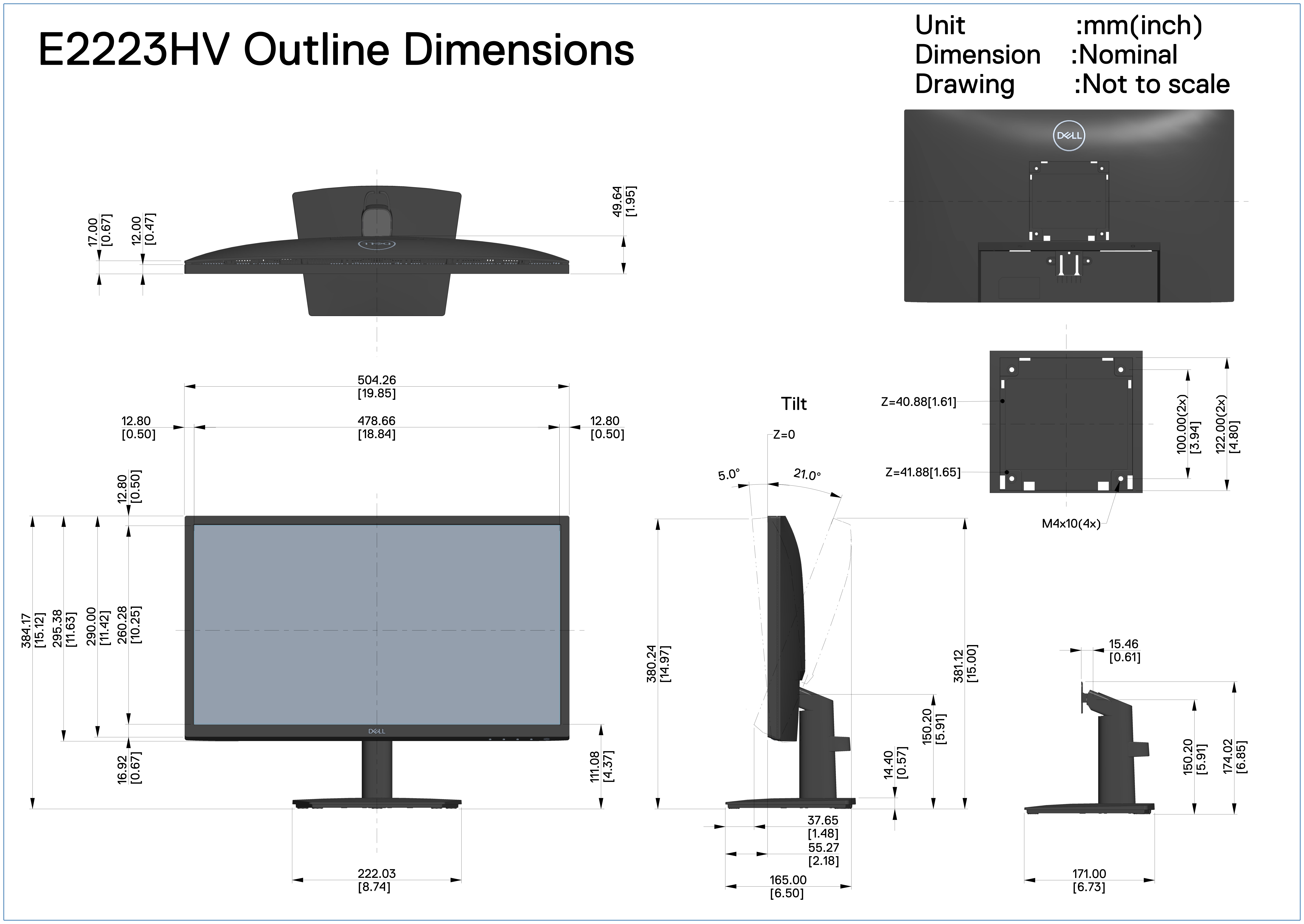 Dell E2223HV Monitor Outline Dimensions Manual - Page 1