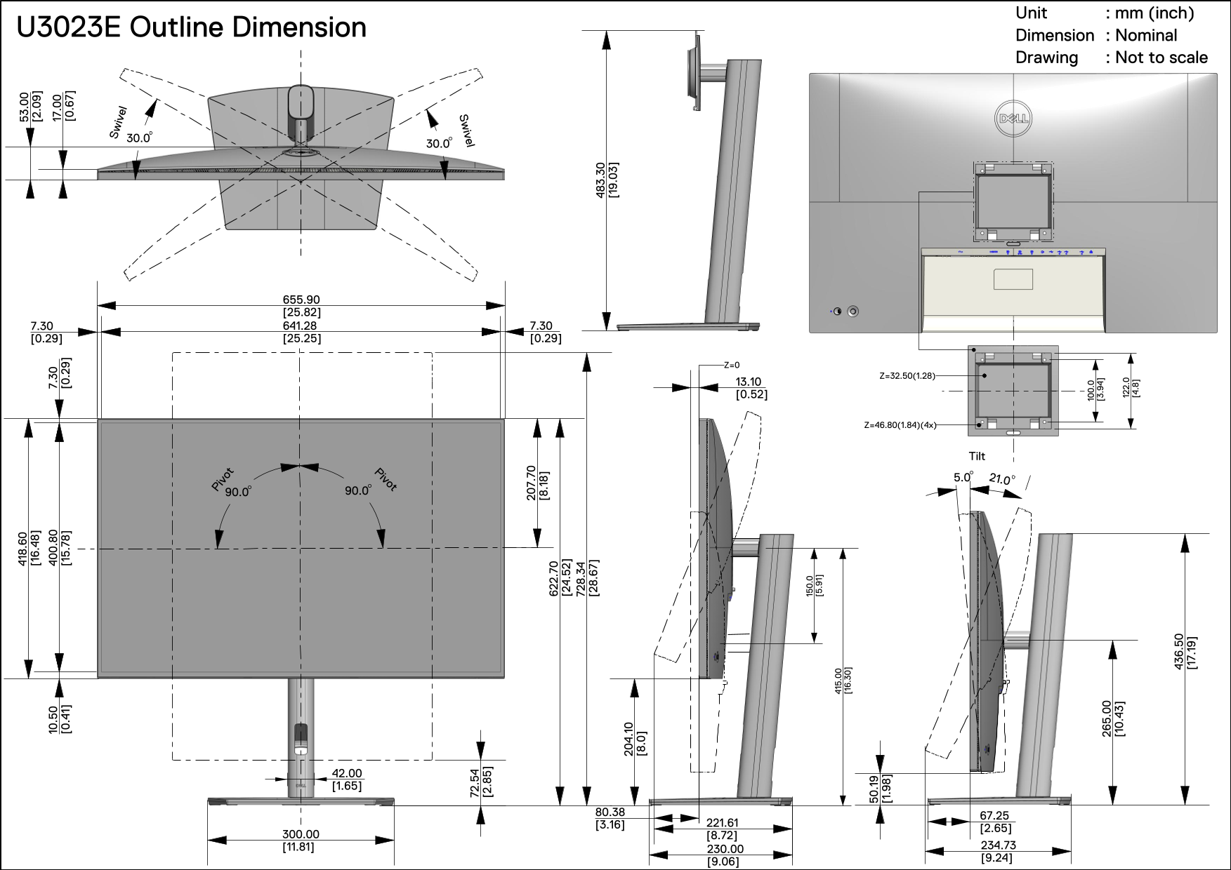 Dell U3023E Monitor Outline Dimensions Owner's Manual - Page 1