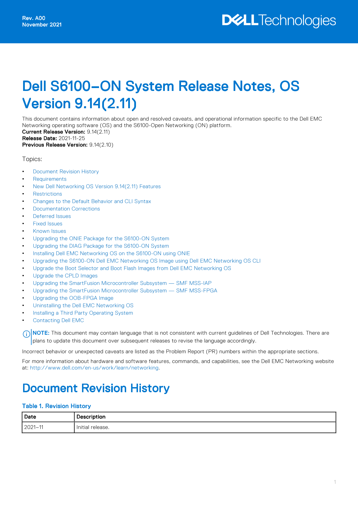 Dell S6100-ON System Release Notes, OS Version 9.14.2.11 Owner's Manual - Page 1