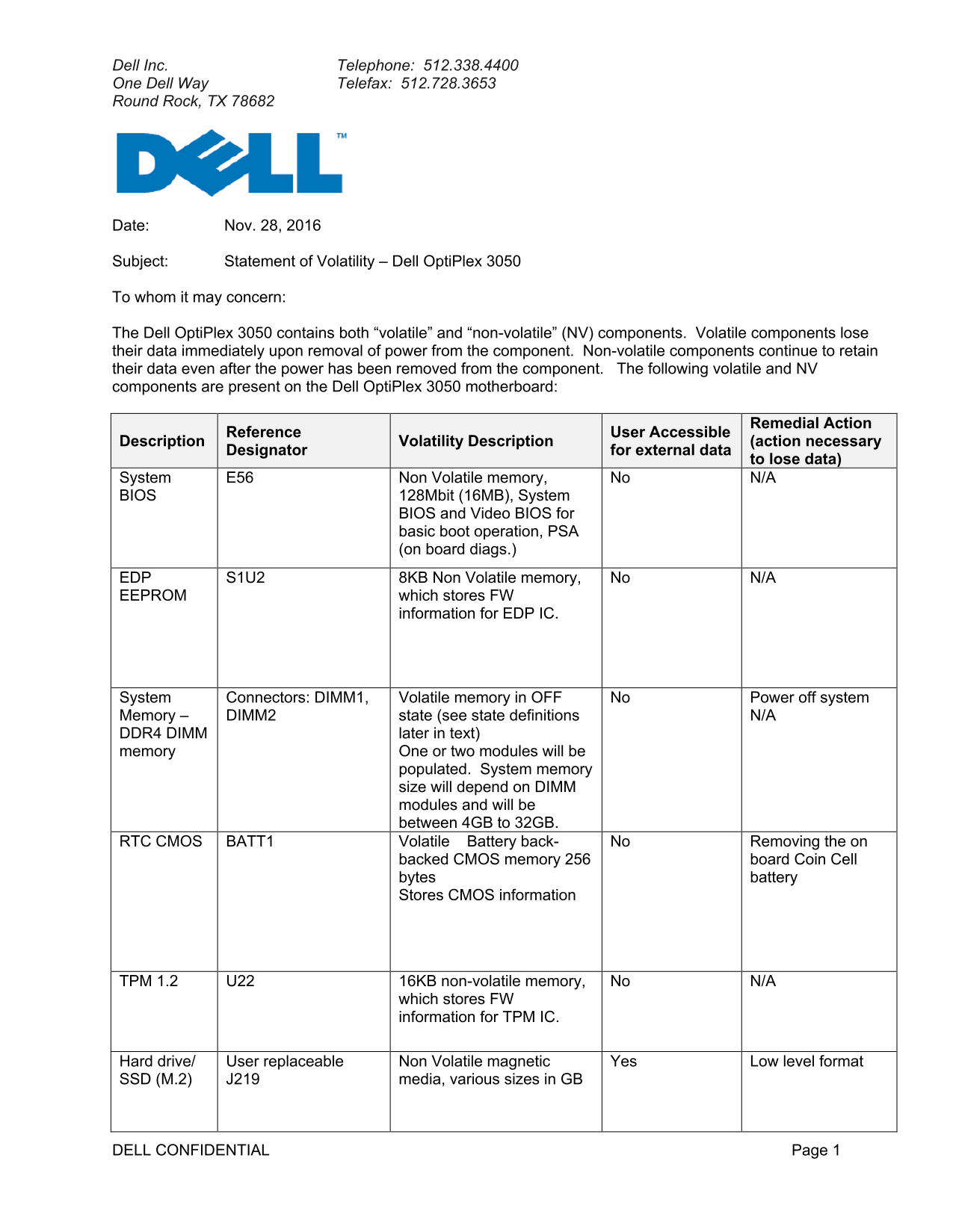 Dell OptiPlex 3050 All In One - Statement of Volatility - Page 1