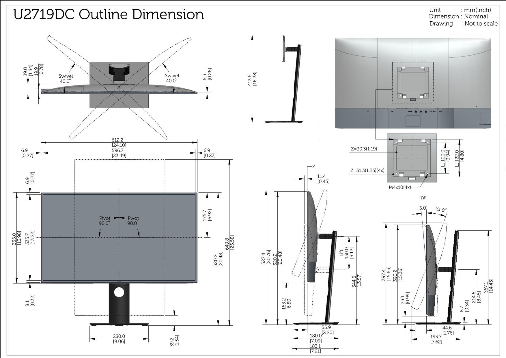 Dell UltraSharp U2719DC Product Outline Dimensions - Page 1
