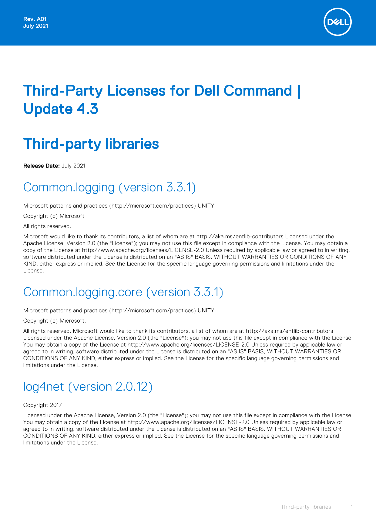 Third-Party Licenses for Dell Command Update 4.3 User Guide - Page 1