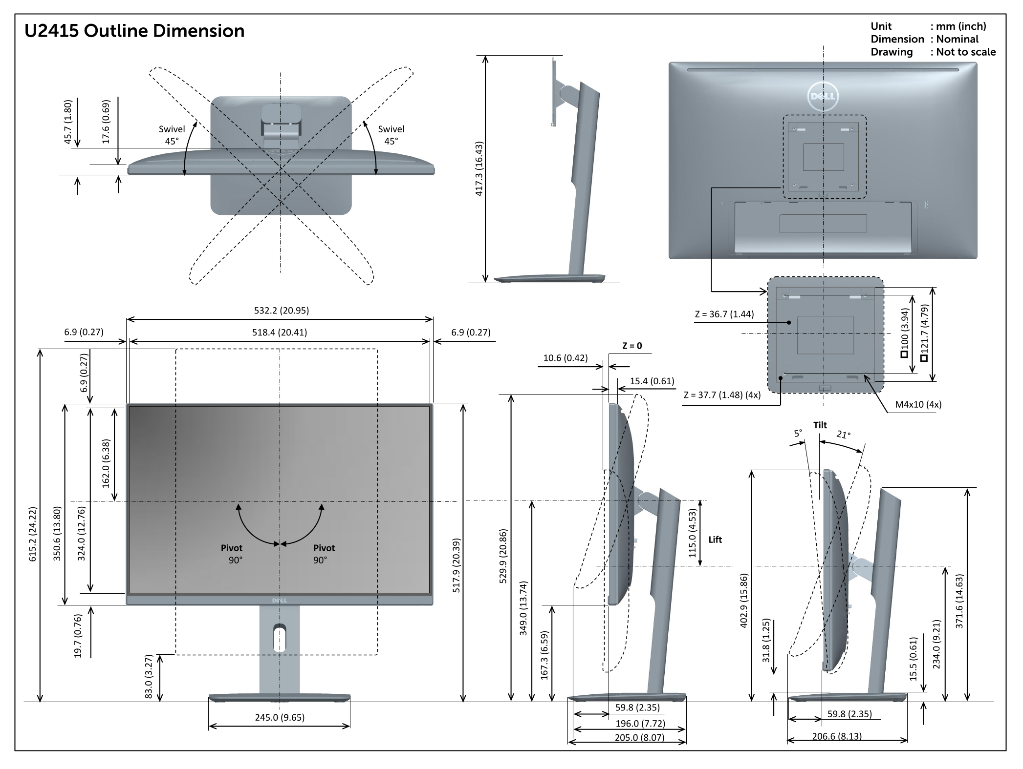 Dell U2415 Monitor Outline Dimension - Page 1