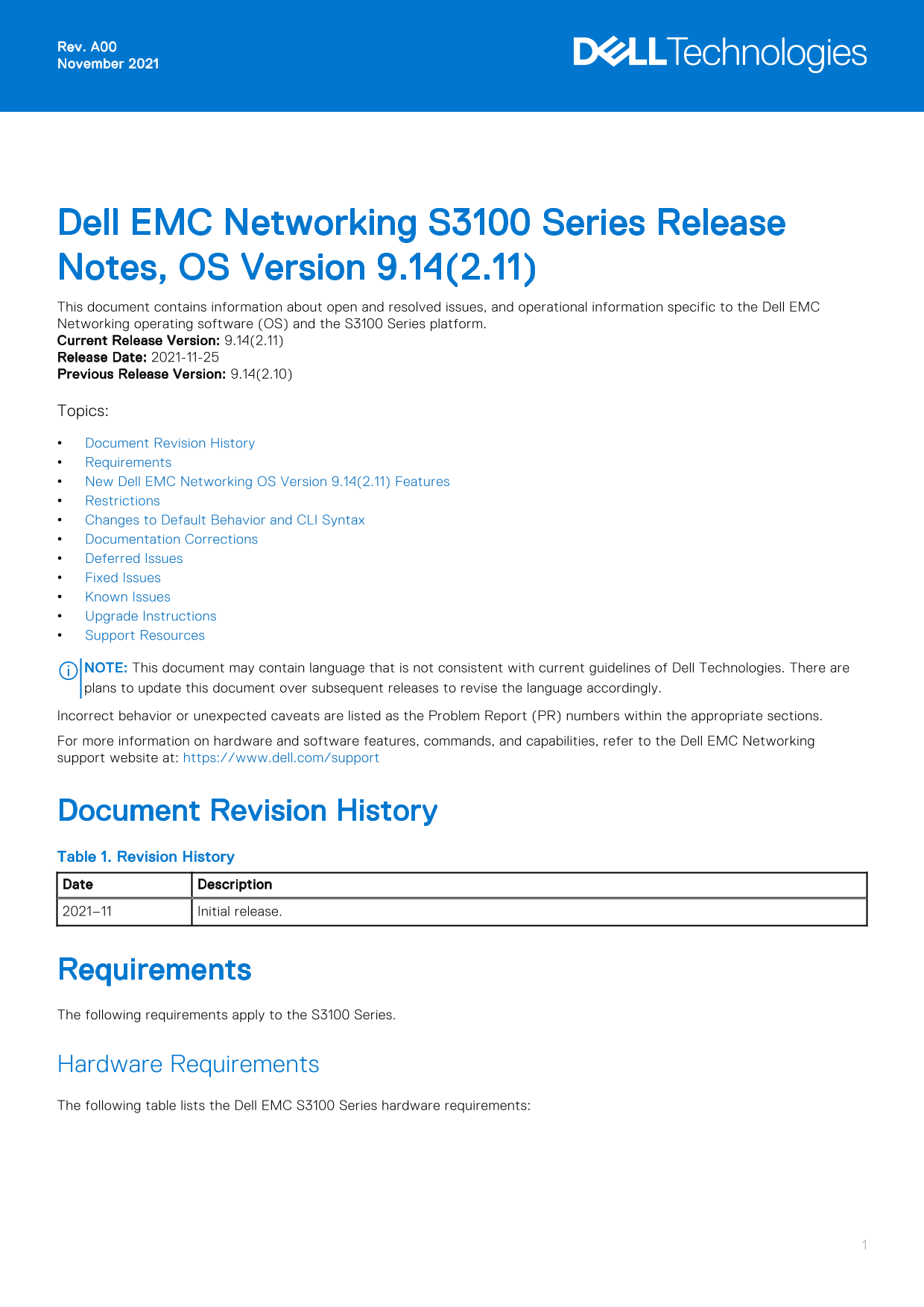 Dell EMC Networking S3100 Series Release Notes, OS Version 9.14.2.11 - Page 1