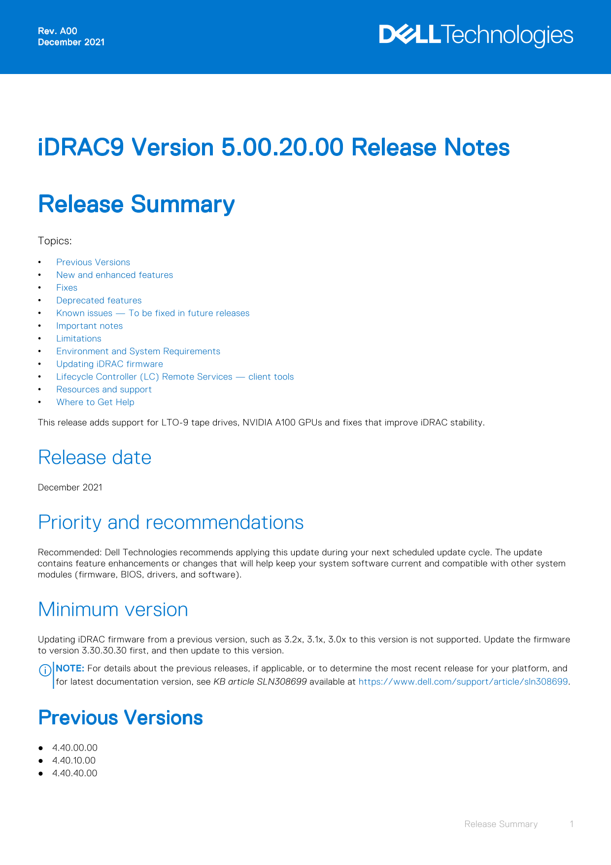 Dell iDRAC9 Version 5.00.20.00 Release Notes, Owner's Manual - Page 1