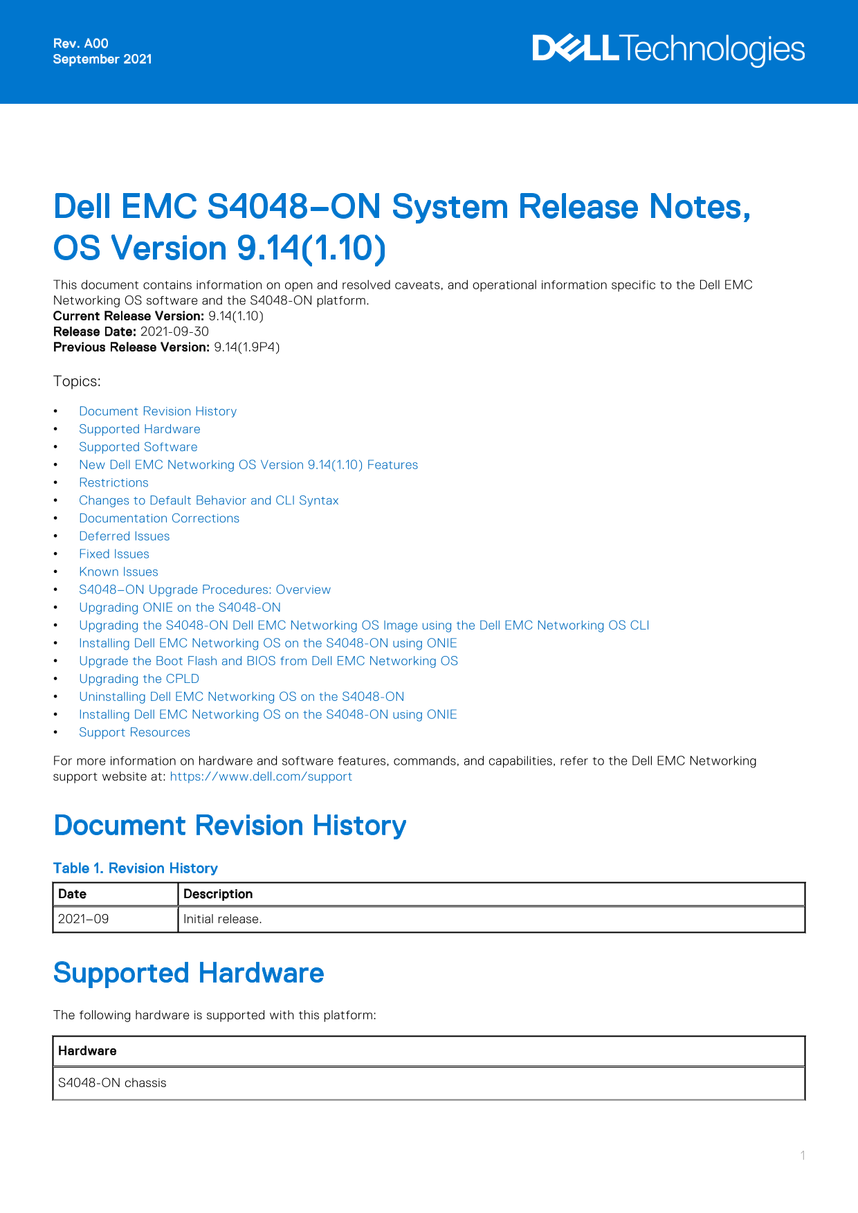 Dell EMC S4048–ON System Release Notes, OS Version 9.14.1.10 Owner's Manual - Page 1