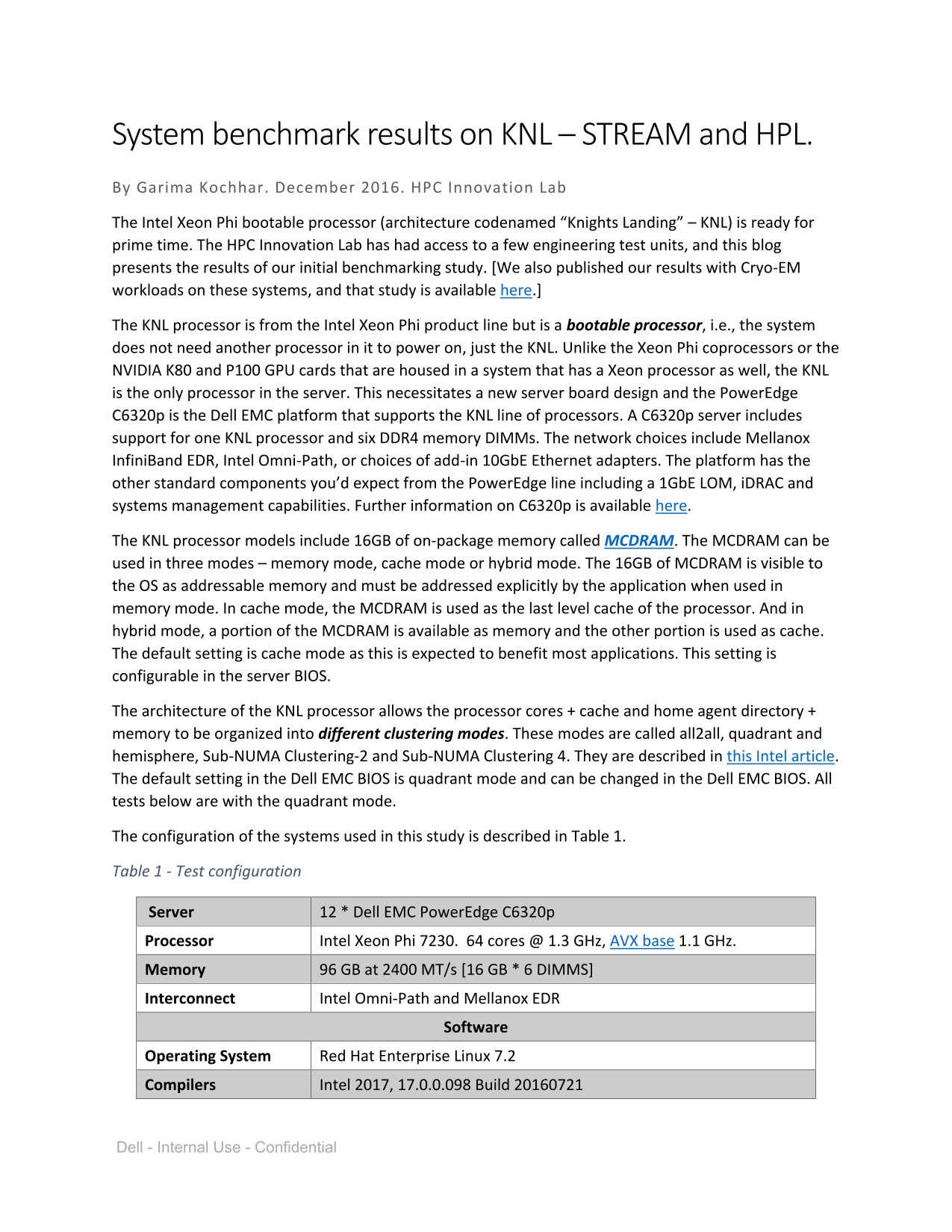 Dell System benchmark results on KNL - STREAM and HPL Performance Report - Page 1