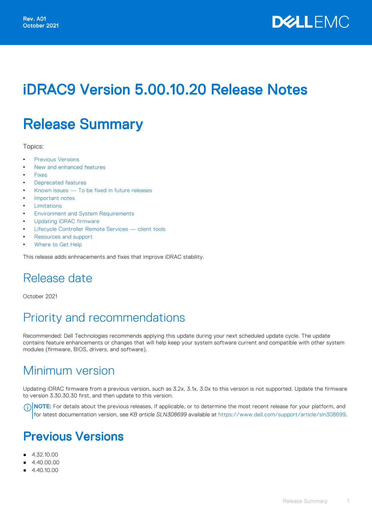 Dell iDRAC9 Version 5.00.10.20 Release Notes, Owner's Manual - Page 1