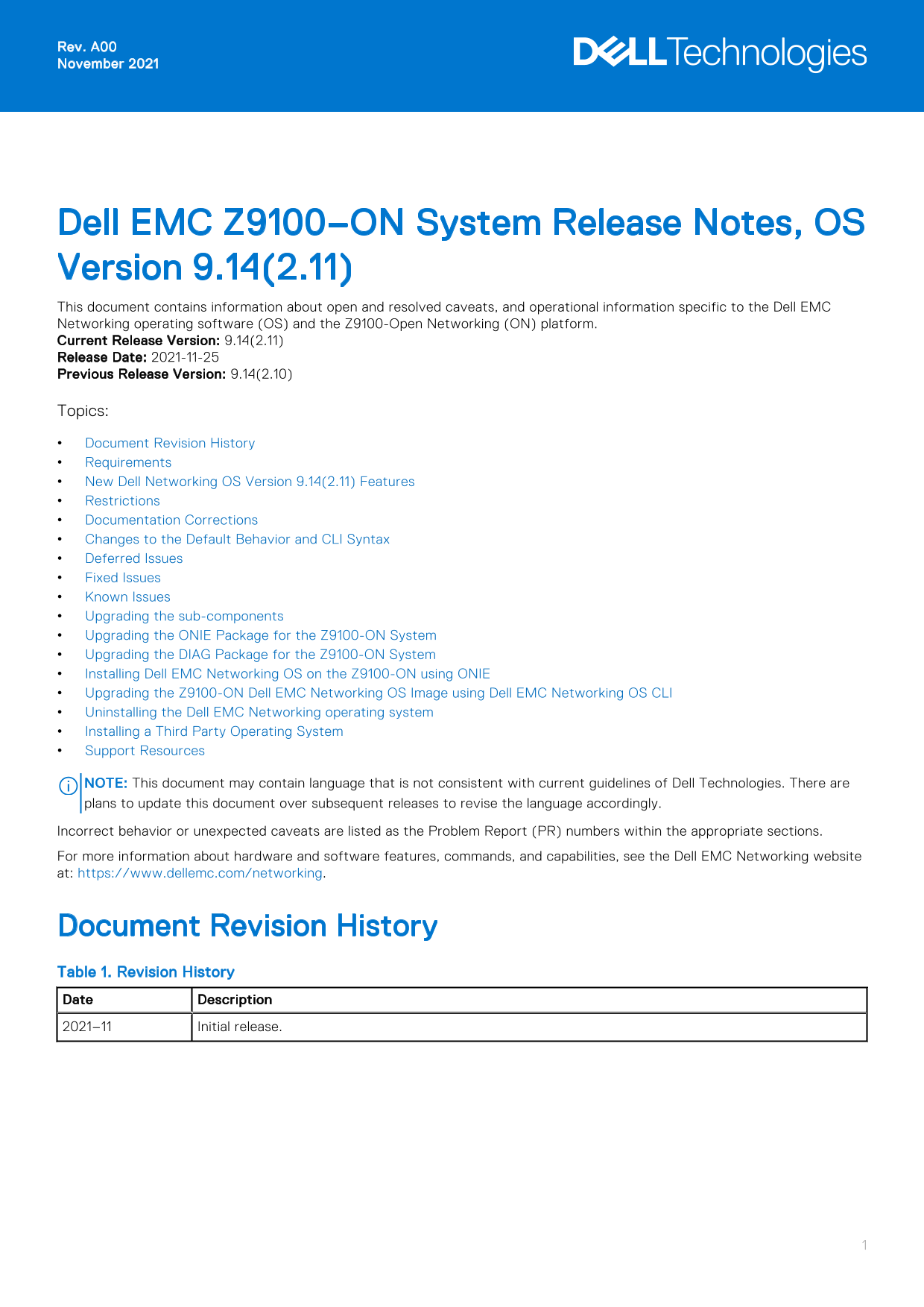 Dell EMC Z9100-ON System Release Notes, OS Version 9.14.2.11 - Page 1