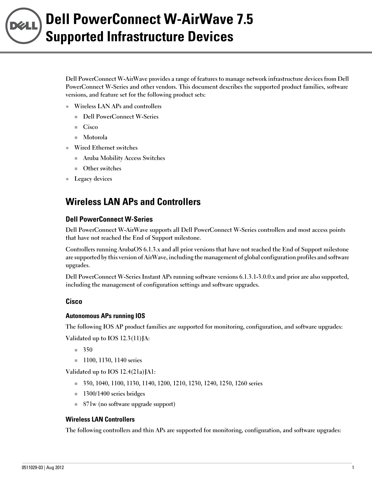 Dell W-Airwave 7.5 Supported Infrastructure Devices Owner's Manual - Page 1