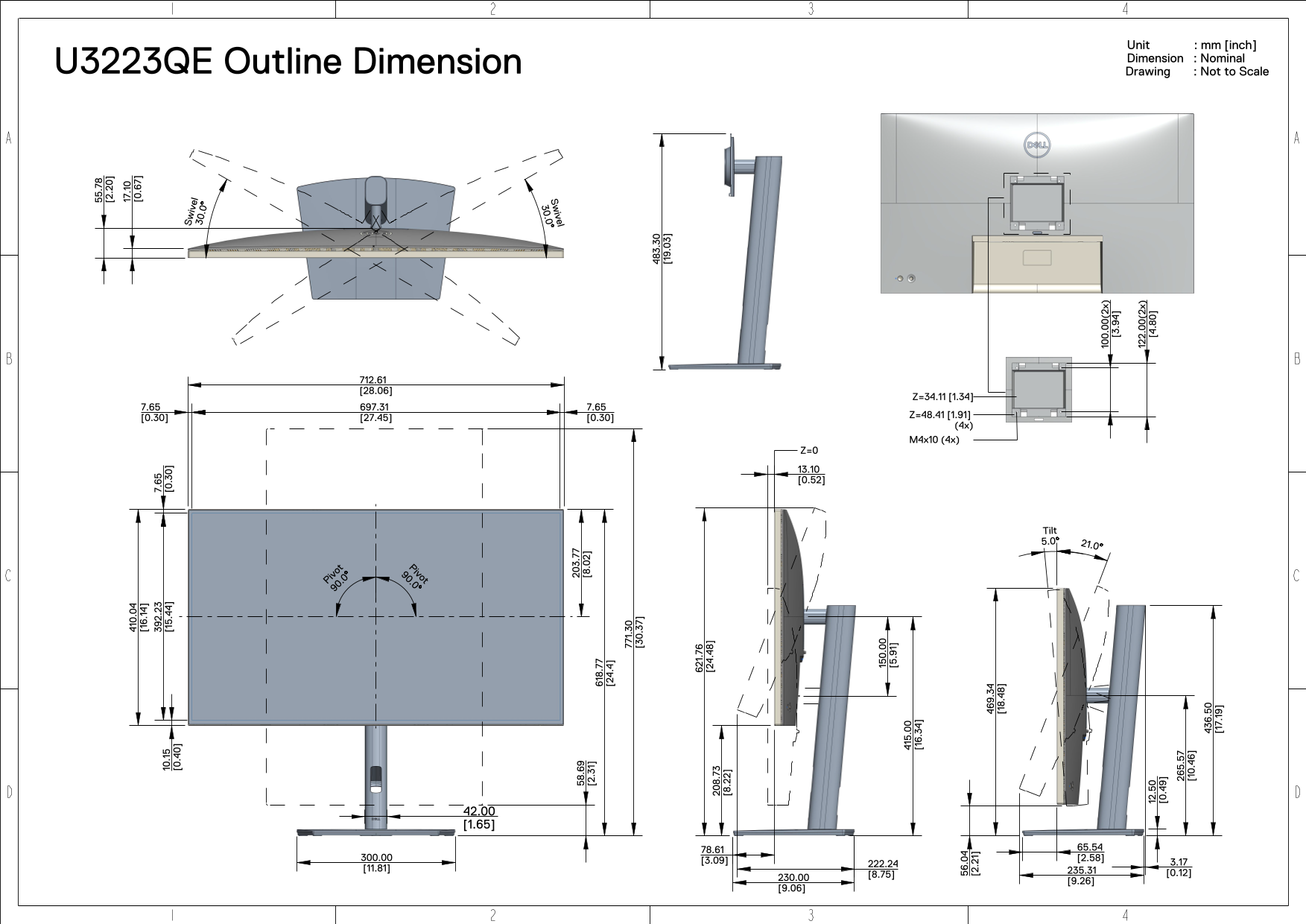 Dell U3223QE Monitor Outline and Dimensions Owner's Manual - Page 1