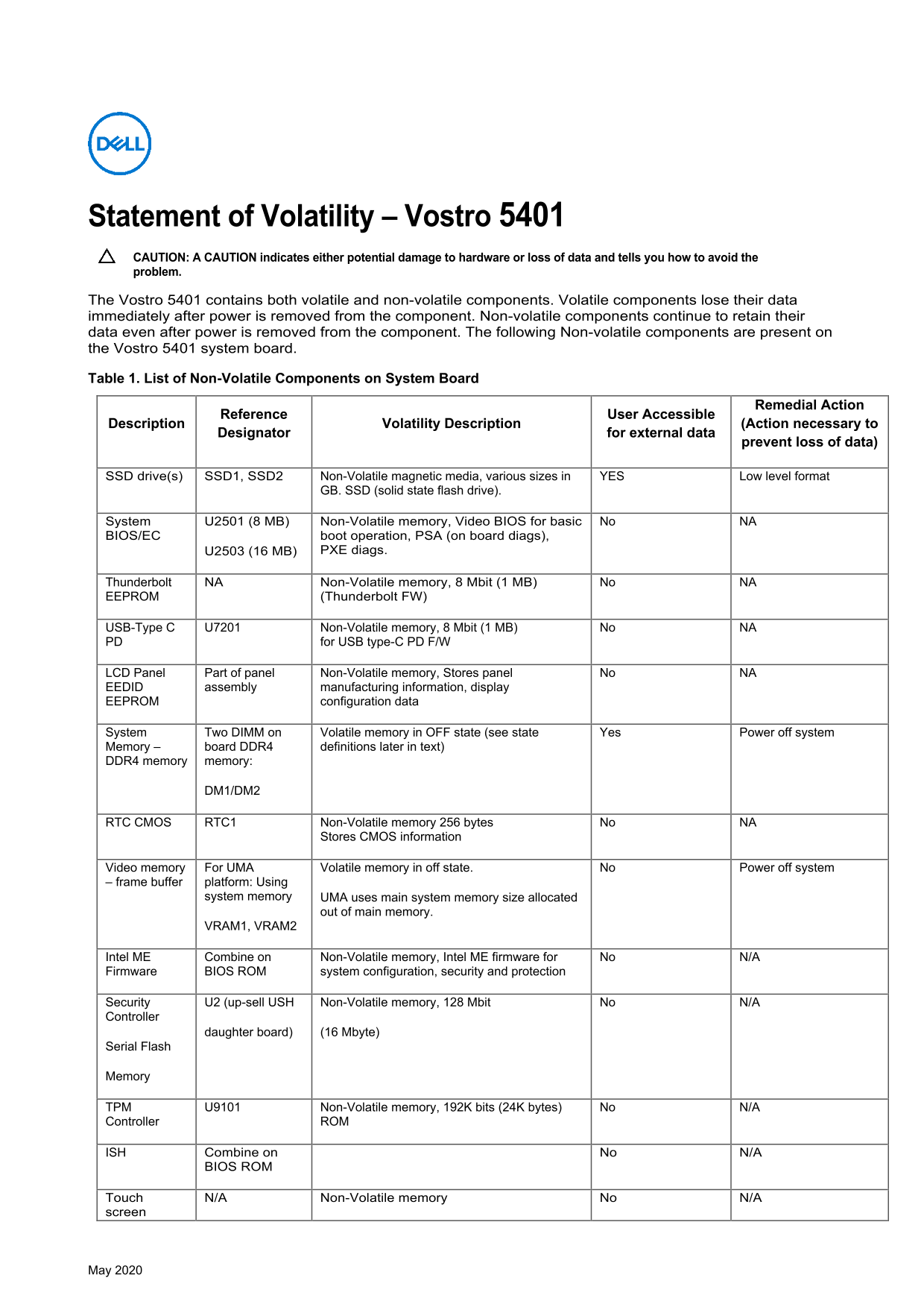Dell Vostro 5401 Statement of Volatility - Page 1