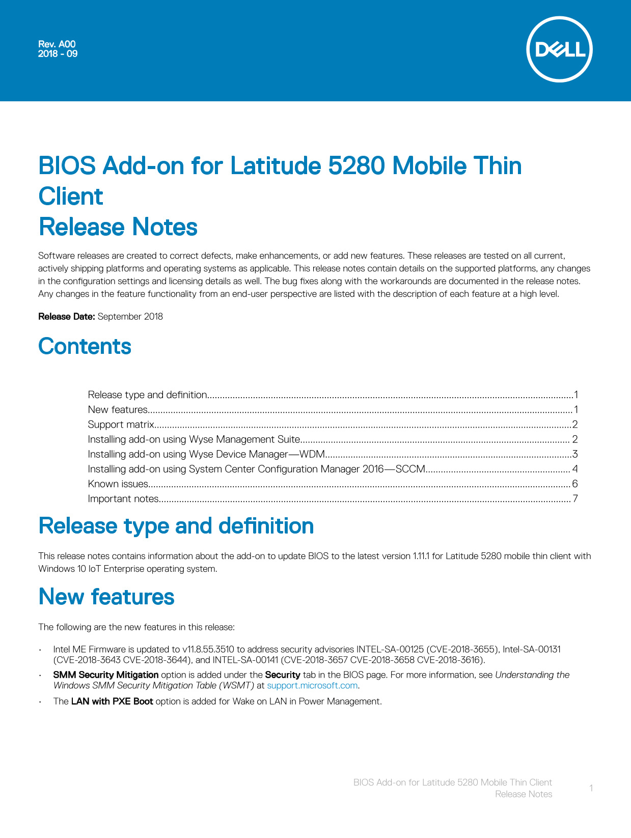 Dell BIOS Add-on for Latitude 5280 - Version 1.11.1, Mobile Thin Client Release Notes - Page 1