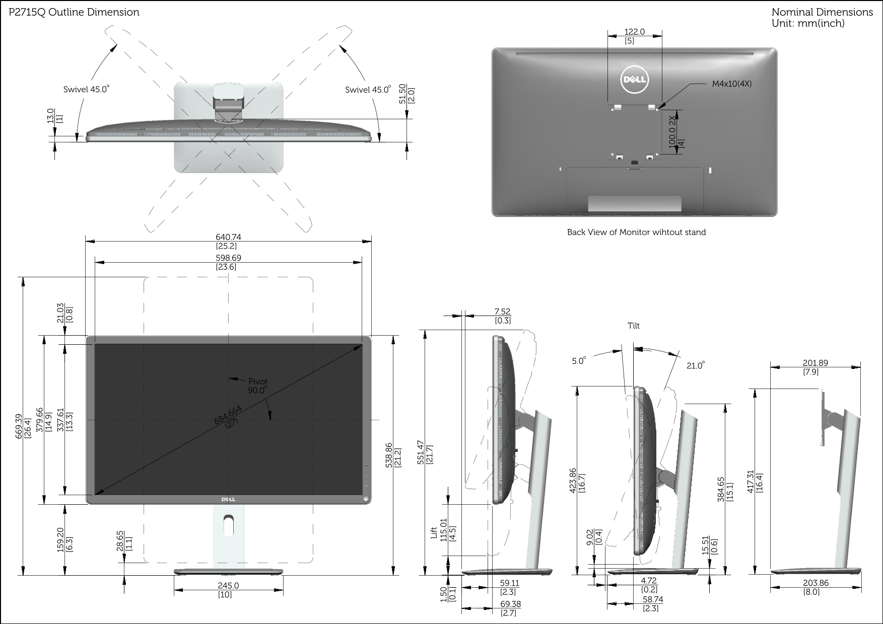 Dell P2415Q Monitor Outline Dimensions - Page 1