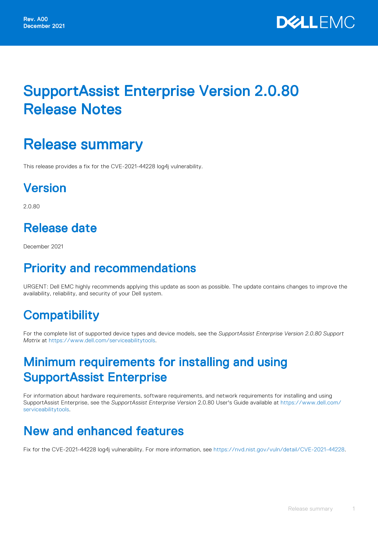 Dell SupportAssist Enterprise Version 2.0.80 Release Notes - Page 1