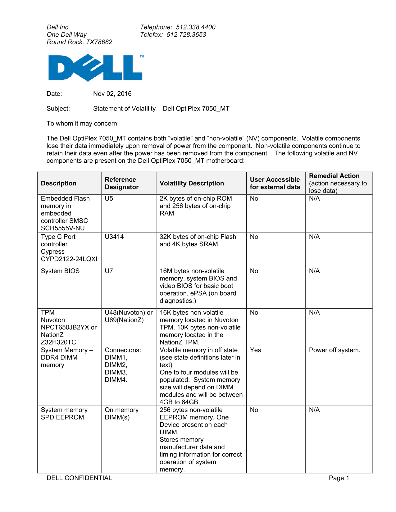 Dell Dell Dell Optiplex 7050 Tower - Statement of Volatility - Page 1