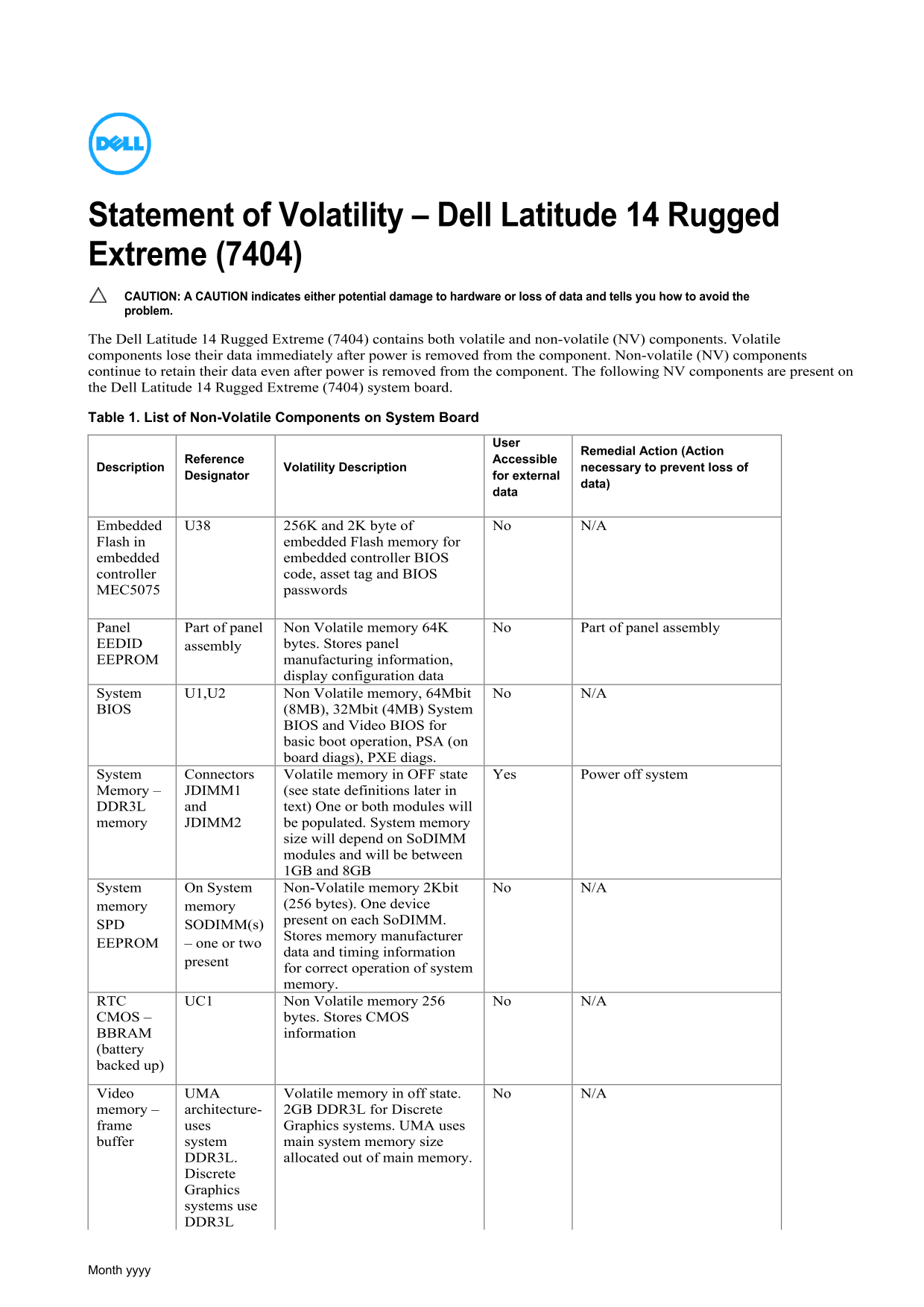 Dell Rugged Extreme 7404 Statement of Volatility - Page 1