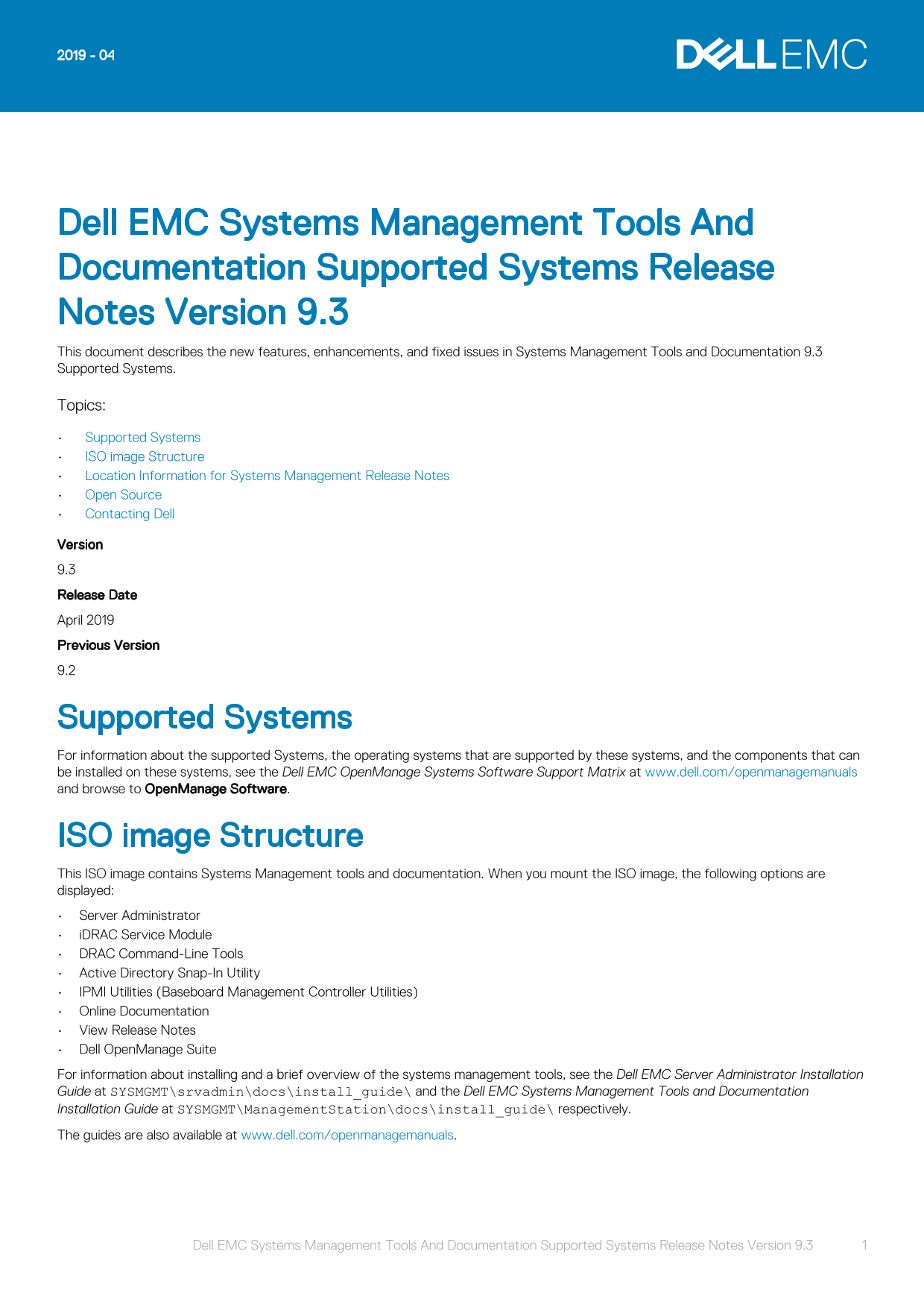 Dell EMC Systems Management Tools and Documentation - Supported Systems Release Notes - Version 9.3 Owner's Manual User Guide - Page 1