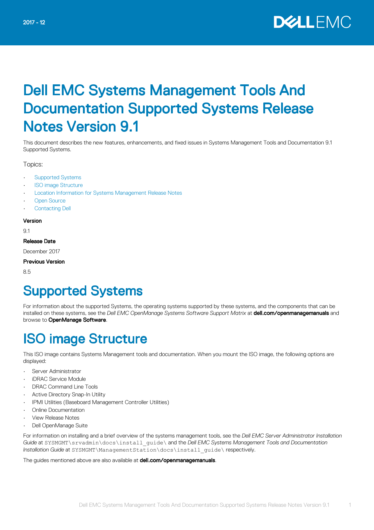 Dell EMC Systems Management Tools and Documentation - Supported Systems Release Notes Version 9.1 - Page 1