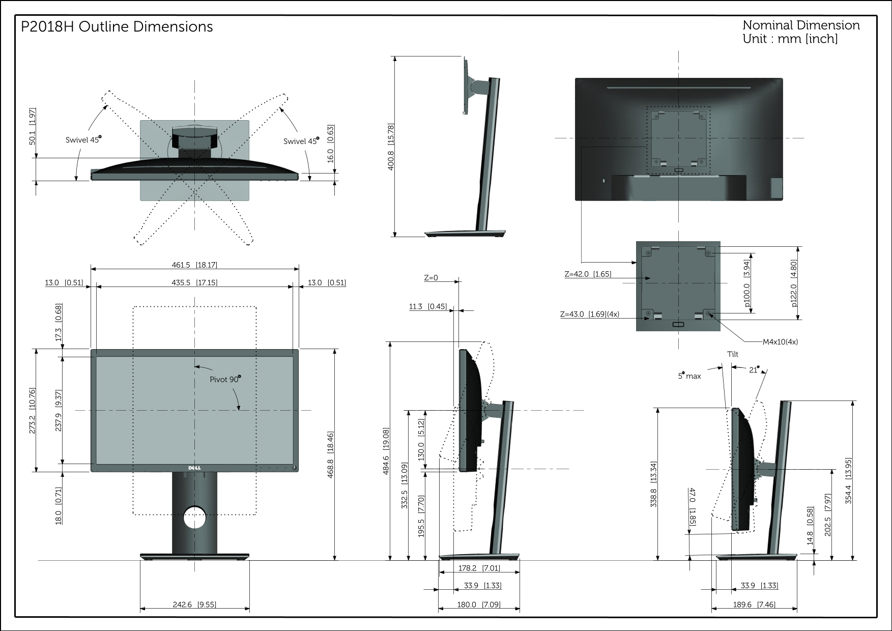 Dell P2018H Outline Dimension - Page 1