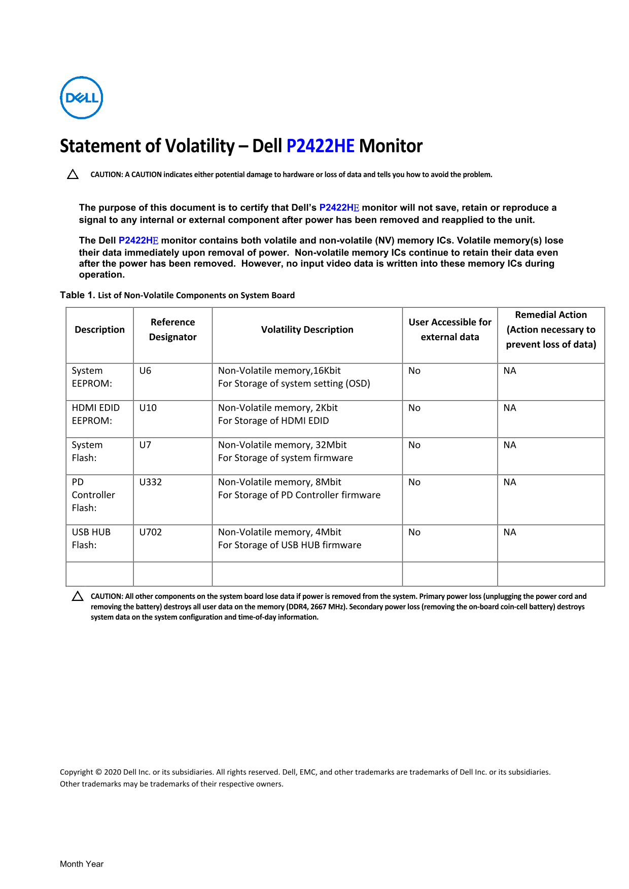 Dell P2422HE Statement of Volatility - Page 1