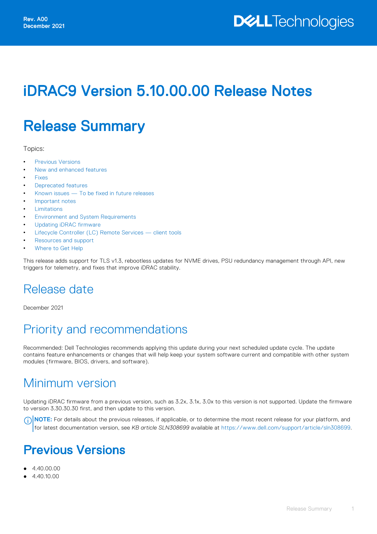 Dell iDRAC9 Version 5.10.00.00 Release Notes - Page 1