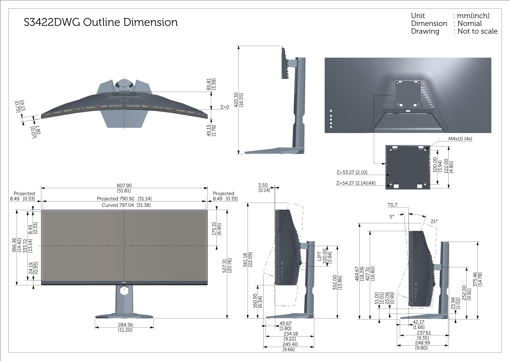 Dell S3422DWG Monitor Outline Dimension - Page 1