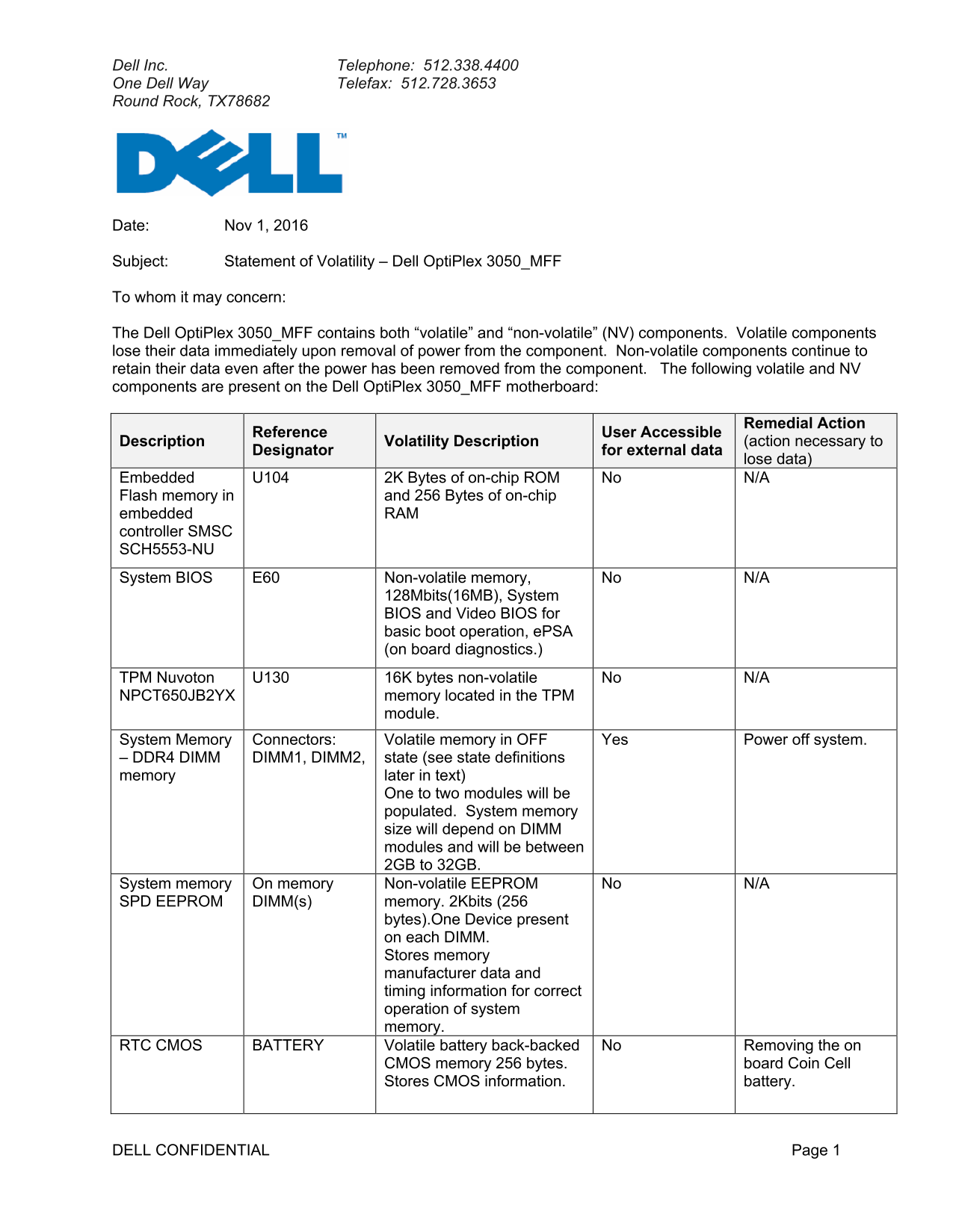 Dell OptiPlex 3050 Micro - Statement of Volatility - Page 1