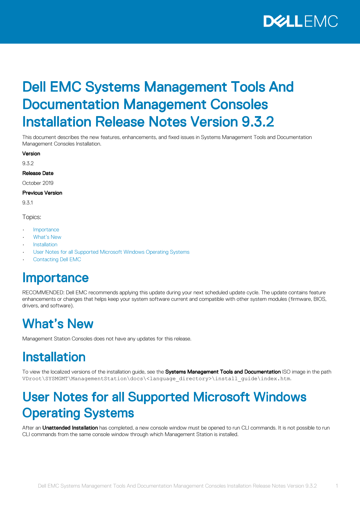 Dell EMC Systems Management Tools and Documentation Management Consoles - Installation, Release Notes, User Manuals - Page 1