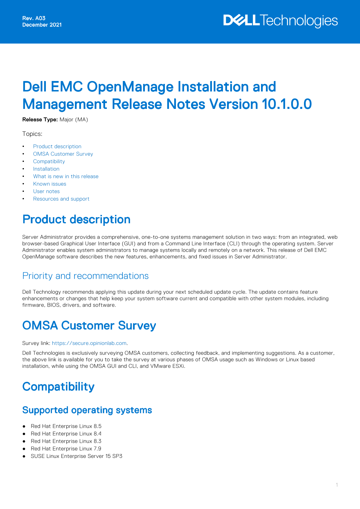 Dell EMC OpenManage Installation and Management Release Notes Version 10.1.0.0 Owner's Manual - Page 1