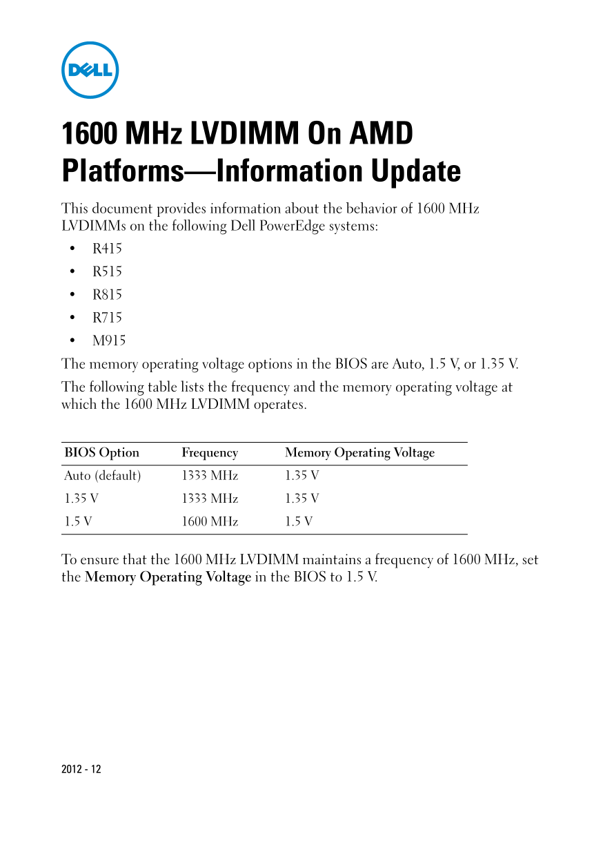 Dell (on AMD platforms) 1600 MHz LVDIMM Installation and User Guide - Page 1