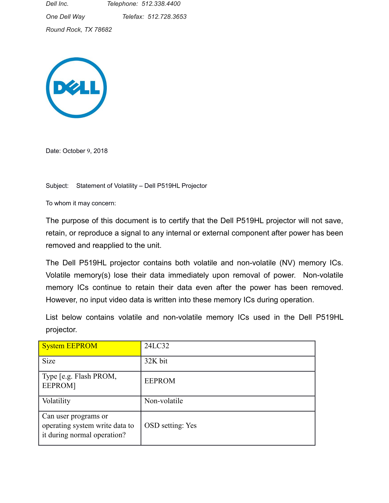 Dell Advanced Projector P519HL Statement of Volatility - Page 1